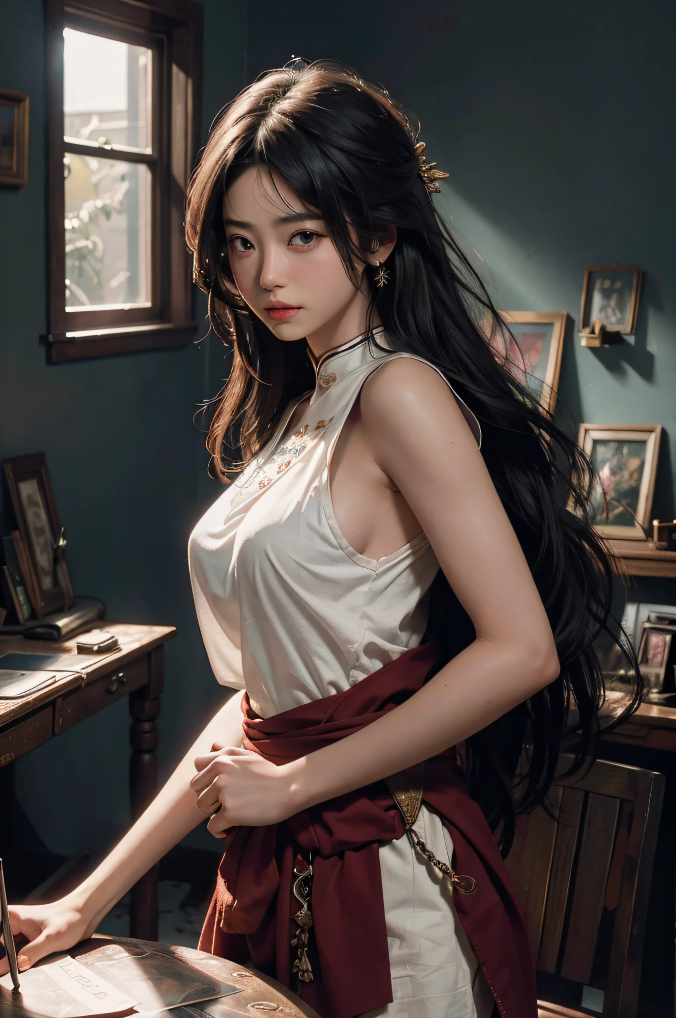 (RAW Photo, Best Quality), (Realistic, Photo Real: 1.6+, messy_long_hair: 1.5, Breast: 1.1), Best Quality, Highly Detailed, Masterpiece, Ultra Detailed, Illustration, 1 Girl, upper_body, Dynamic Angle, World Mastery Theater, Best Quality, Extremely Detailed CG Unified 8k Wallpaper, Ink, Amazing, Cinematic Lighting, lens_flare, dunhuang_style