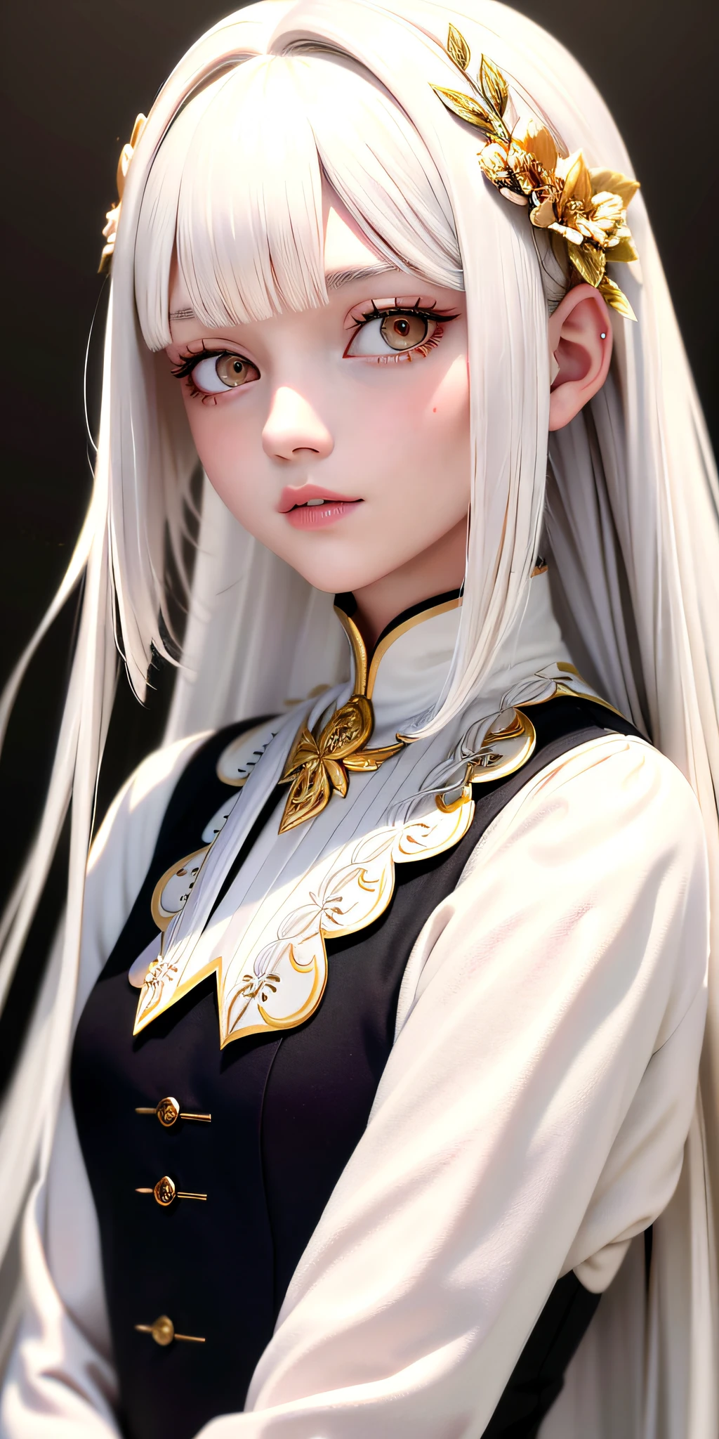 best quality, masterpiece,white hair, gold eyes,white clothes, looking up, upper body,hair strand,Fair skin,side braids