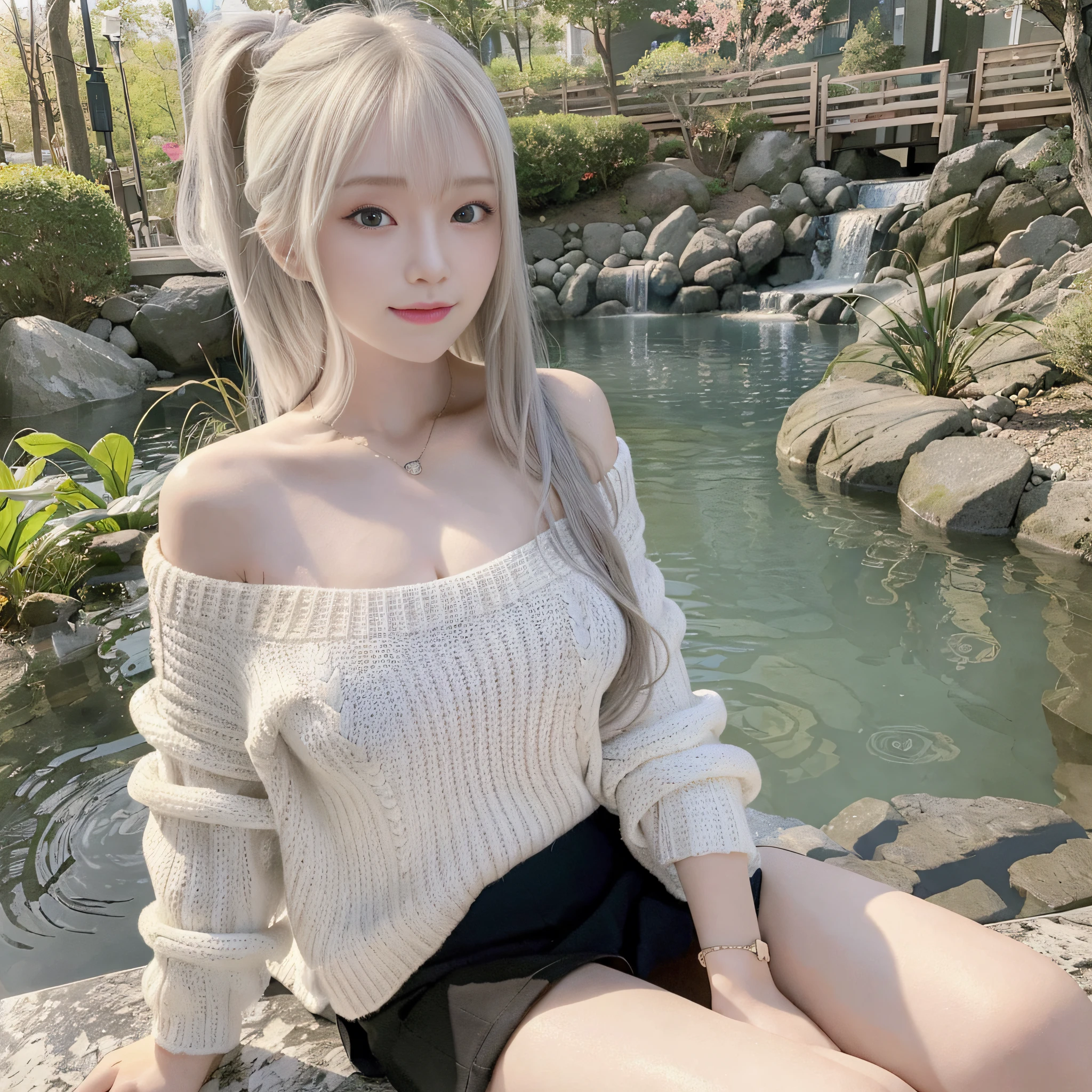 masterpiece, best quality, 8k, photo, realistic, 1girl, 17yo, (short off-shoulder white color sweater pull off, black skirt, tug), (detailed natural breast), (full body), (sexy pose), soft lips, (looking at camera:0.6), pale skin, (pink hair), (detailed eyes:1.3), (ponytail floating hair NovaFrogStyle:1.2), depth of field, blushing, ashamed, (smile:1.1), blue eyes, (random color bar), bangs, ((detailed hotel bathroom)), ulzzang-6500-v1.1, pureerosface_v1:0.4, forest, detailed hot spring, HDR, detailed japanese garden