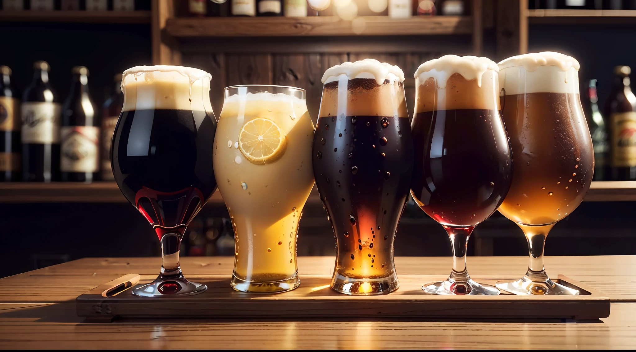 several glasses of beer and wine and liquor are lined up on a wooden tray, Shutterstock, best on Adobe Stock, buy beer in the British bar, cinematic, istock, beautiful sunny day, on dark background, high-quality screenshot, beautiful high resolution, high-quality photo, exclusive