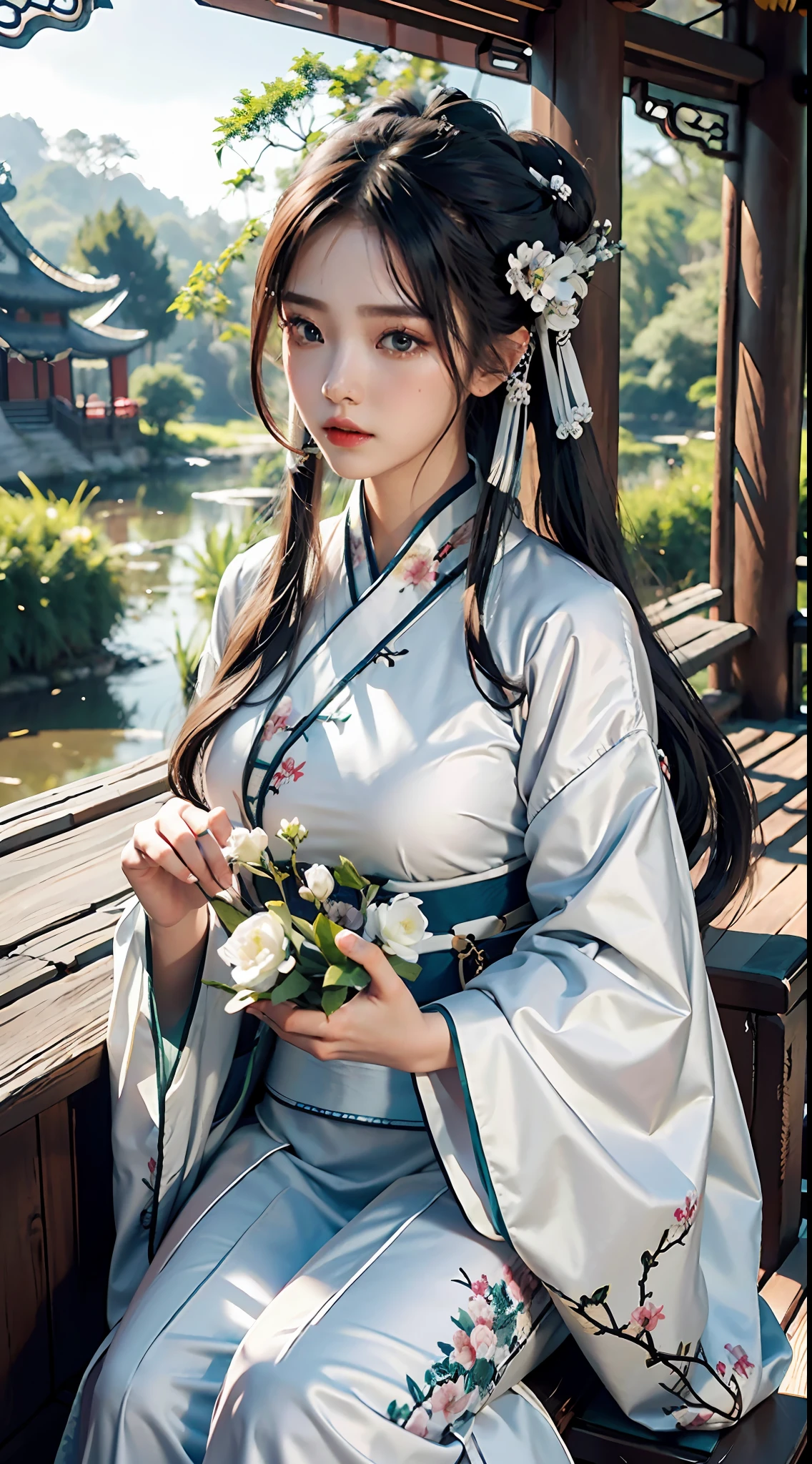 , dynamic, super detail, 8k detail post-processing, magnificent, surrealism, 8k, epic composition, intricate details, hair color random, (((Chinese white hanfu)), early morning, forest, tree house, vine, sexy, holding flowers