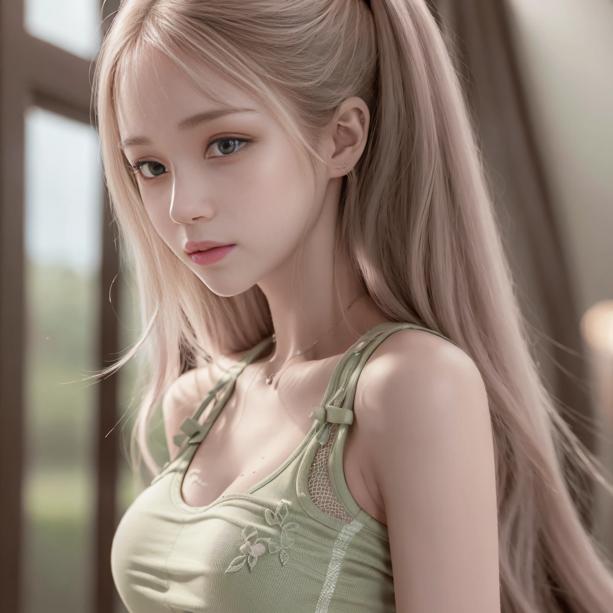 arurinh, ((blush) ((embarrassing)), upper body, ridiculous, straight elongated hair, dynamic pose, model shooting: photo shoot, HD, high contrast, sharp image, masterpiece, mouth closed, balanced eyes, CG rendering, small skull, detailed collarbone, (top quality detail: 1.2), realistic, 8K ultra detail, high quality texture, detailed textures, detailed textures, detailed textures, high detail, highly detailed CG, high quality shadows, beautiful faces, detailed beautiful beautiful delicate eyes, DOF, beautiful woman, small breasts, tall, blurry background, lime color colorful gym clothes,