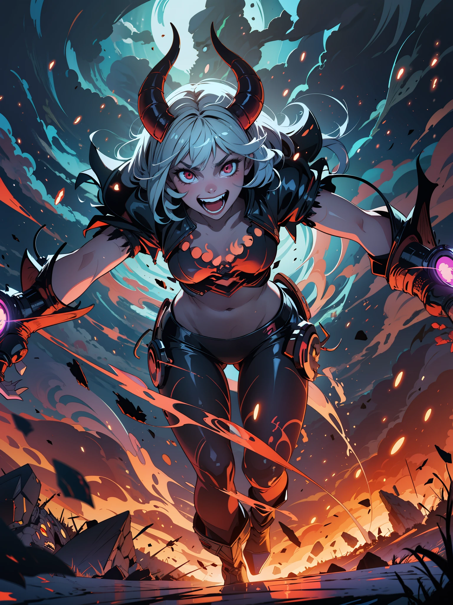 Masterpiece, ultra detailed, best quality, illustration, cinematic lights, dynamic angle, dark ,dark ambient , no humans , beautiful face, demon , laughing , portal from hell in background , full body , horns , fire demon , devil