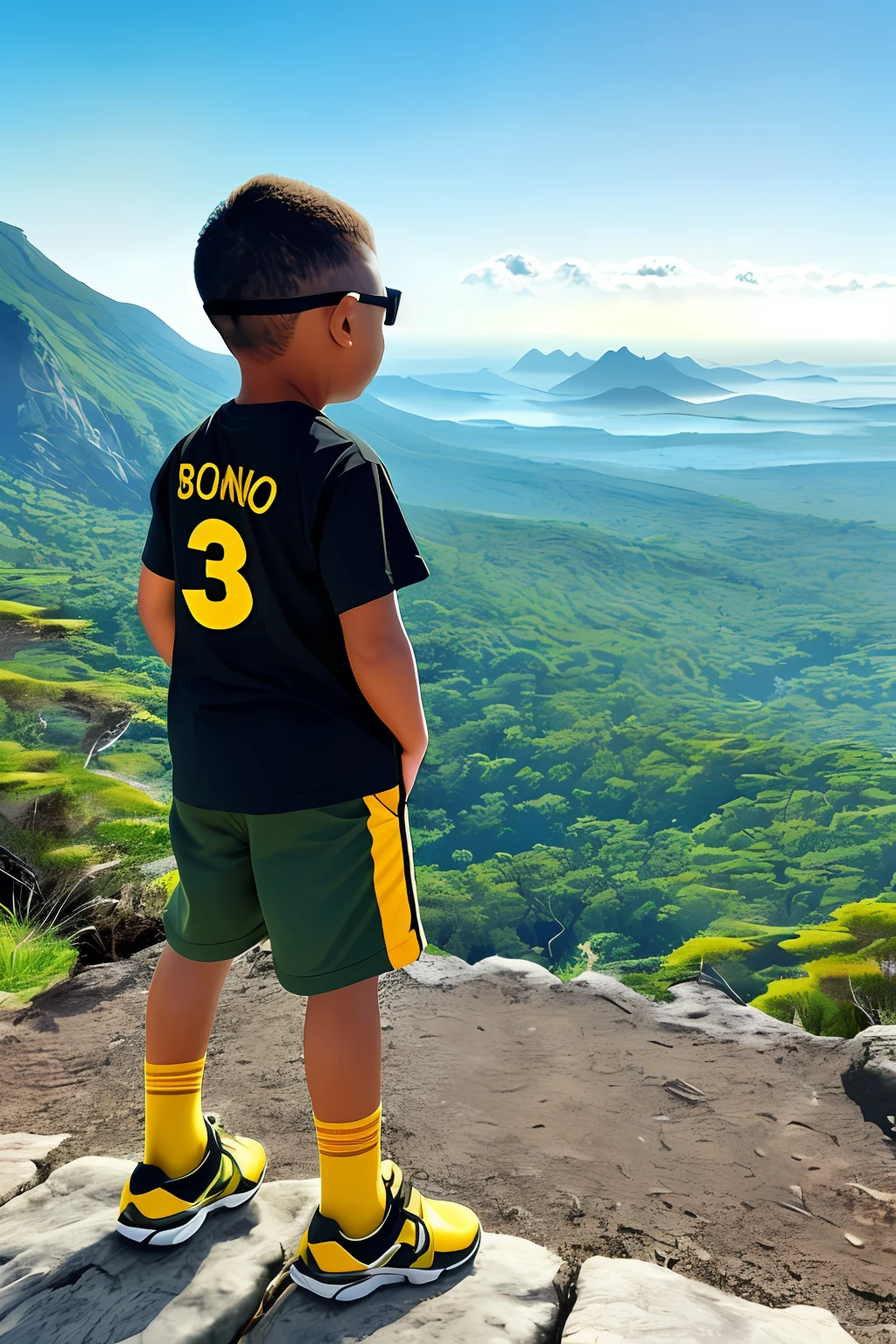 guttonerdvision3, illustration depicting a 3-year-old boy wearing glasses, in black safari shorts and yellow T-shirt, wearing sneakers and socks, face and realistic skins detailed, looking at the horizon from atop a high mountain with a rising sun in the background. Below the mountain, a large city in the distance. Ultra detailed scene with depth of field to make the scene more realistic. A touch from illustrator Alex Ross to make the scene even more beautiful.