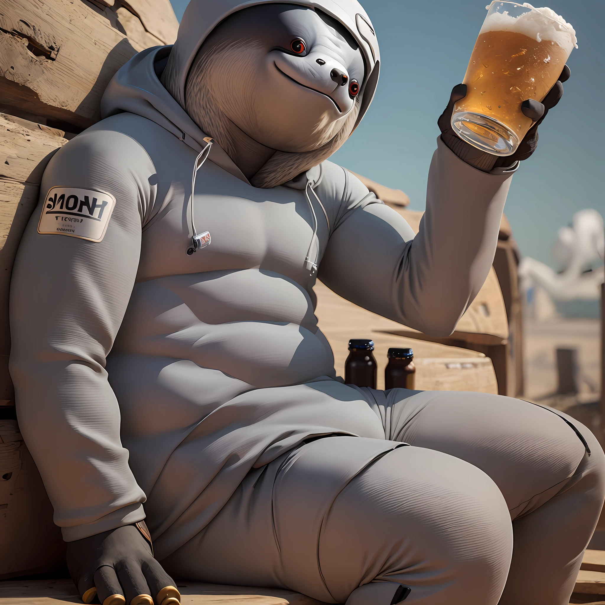 the sloth wearing gray suit and drinking beer