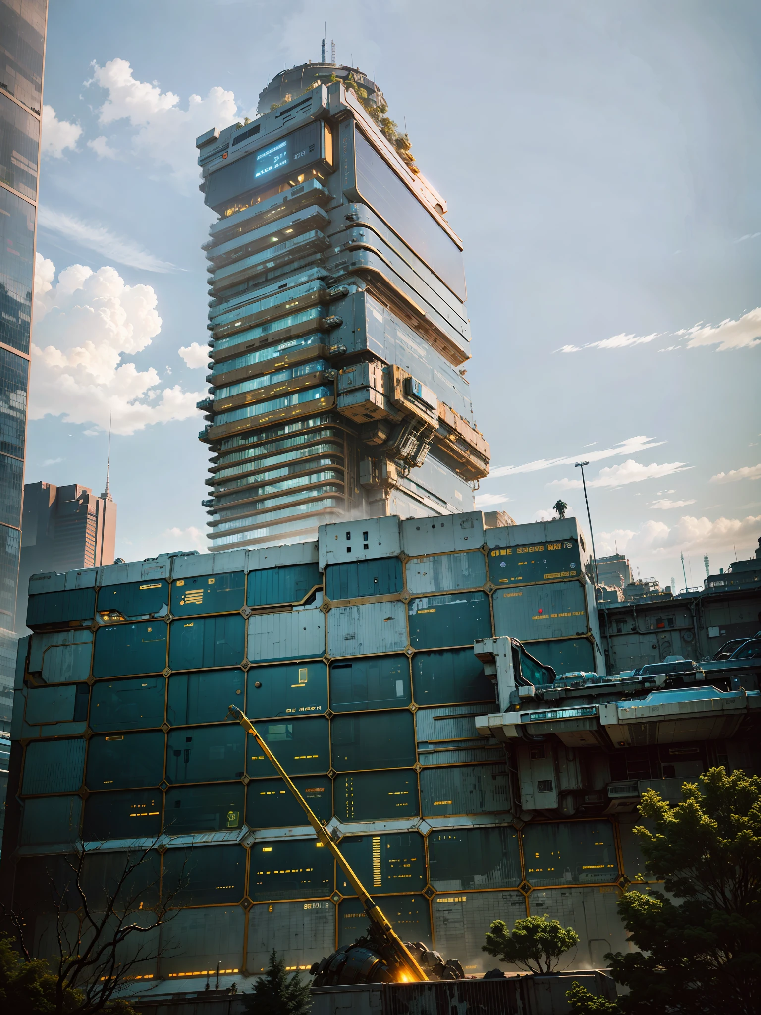 A futuristic science and technology landscape, metal science fiction architecture, no space with various spacecraft flying, prominent parts, complex machine structure and parts, vertical and horizontal pipelines, metal texture, battle damage, sense of technology, strong contrast lighting, science and technology background, blue sky, background paste, high definition, 8K, realism, dark yellow light
