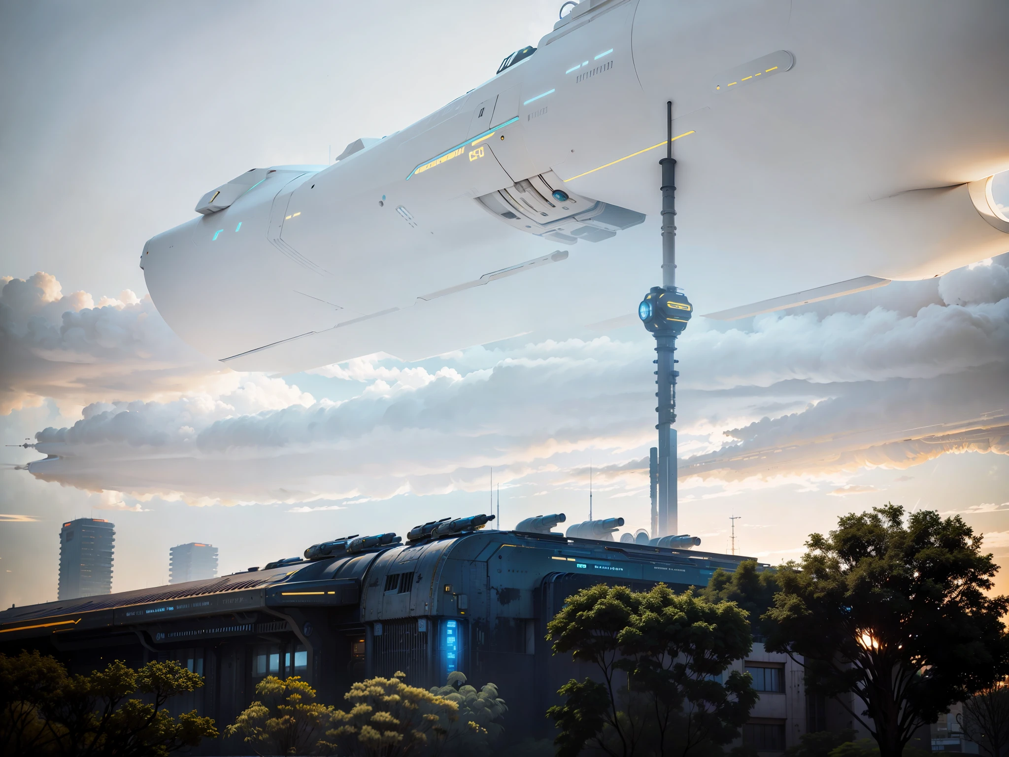A futuristic science and technology style, metal science fiction architecture, prominent parts, complex machine structure and parts, vertical and horizontal pipes, metal texture, battle damage, sense of technology, strong contrast lighting, science and technology background, blue sky, background paste, HD, Transformer style, 8K, realism, dark yellow light