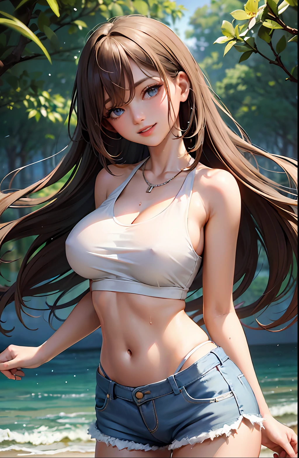 ((Best Quality, 8k, Sharp Focus, 35mm Lens, Masterpiece: 1.2, cinematic Light, Ultimate Girl, Highly Detailed Facial Textures)), (wet white tank top:1.2),(hot pants:1.2), (park background: 1.2 ), (large breast), necklace, (Wind:1.2), highly detailed facial textures, round face, detailed brown eyes, detailed beauty makeup:1.2, ultra-detailed skin, navel, detailed bangs, (detailed eyes:1.2), Grinning ear to ear, bright light brown floating long hair, head tilt, from side