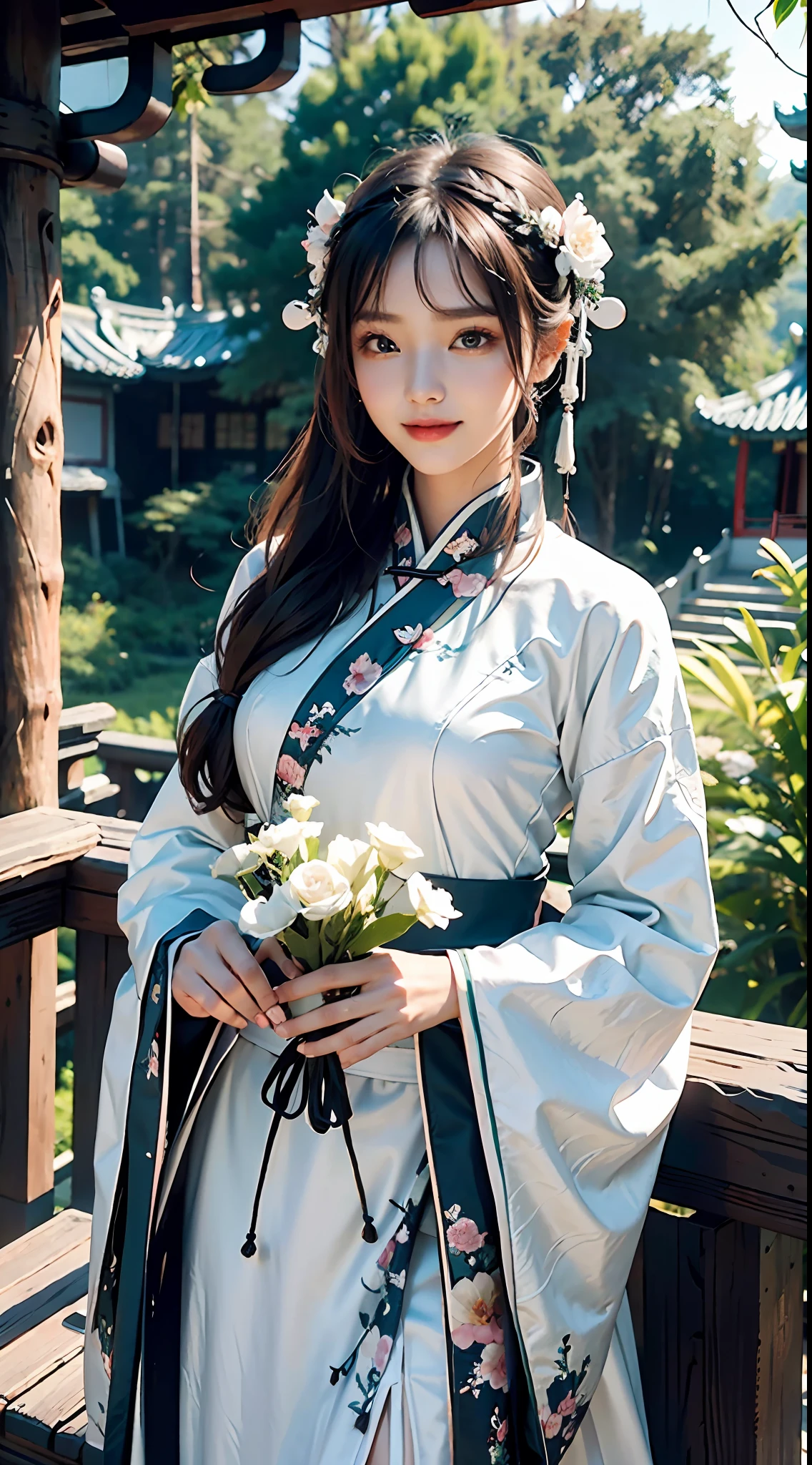 , dynamic, super detail, 8k detail post-processing, magnificent, surrealism, 8k, epic composition, intricate details, hair color random, ((Chinese white hanfu)), early morning, forest, tree house, vine, sexy, holding flowers, smiling