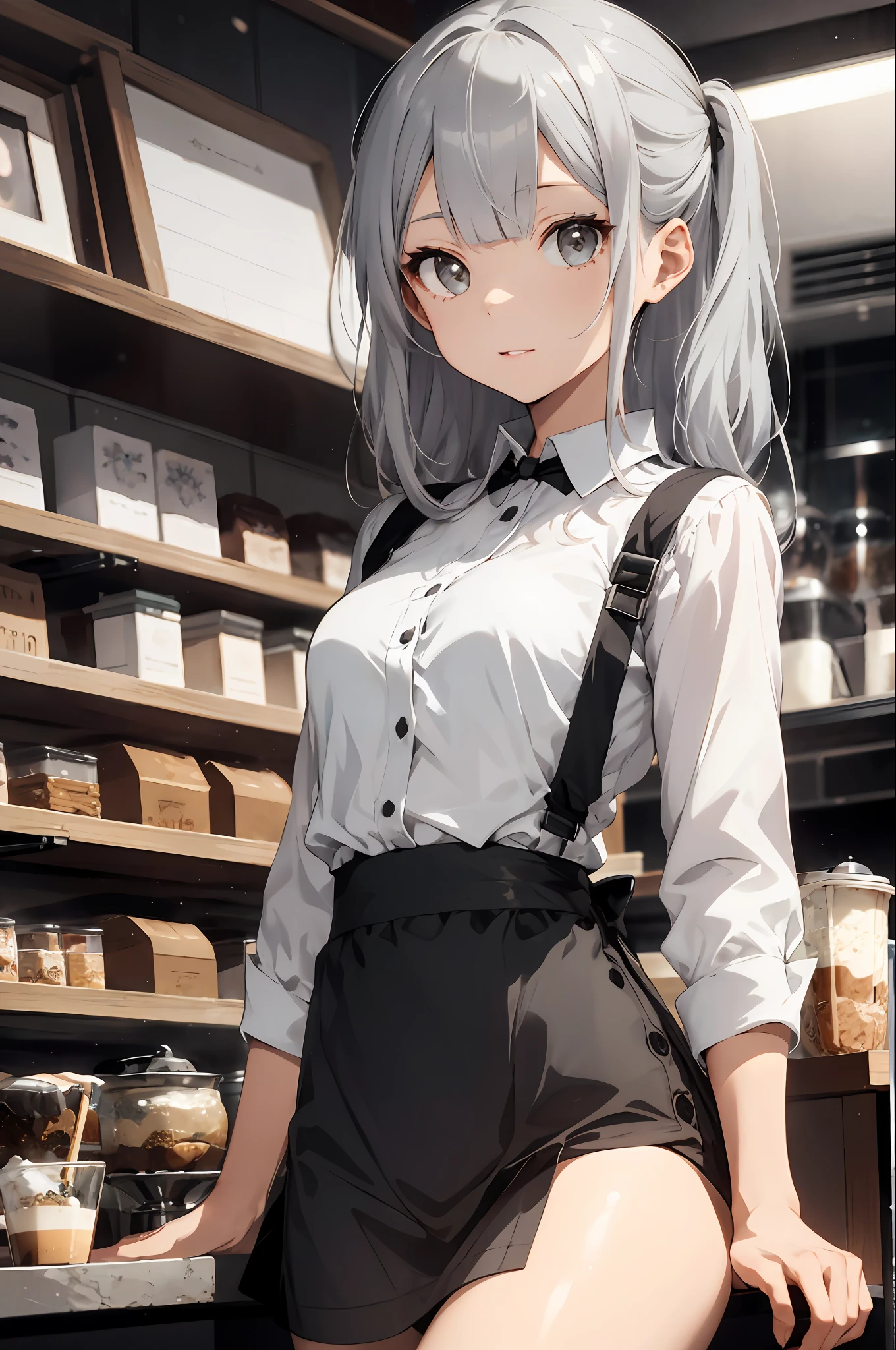 (Style Princess:0.8), Beautiful Girl, Silver Hair,1 Girl, (Black and Silver Hair), ((Cafe)), Slim, Masterpiece, High Contrast, White Shirt, Mini Briefs, Blunt Bangs, Medium Hair, Ultra Detailed, Best Quality, Ultra High Definition, High Definition, Details