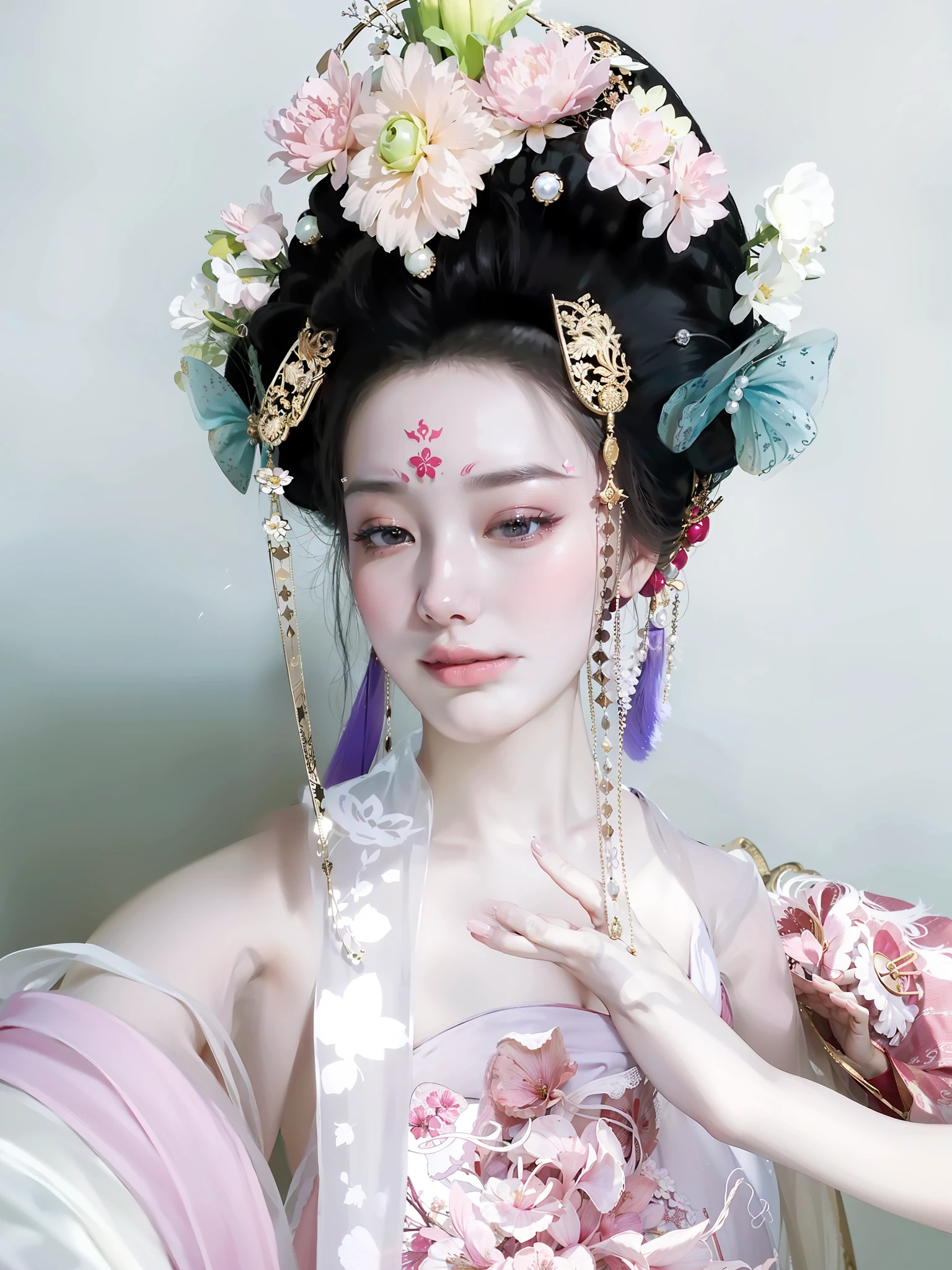 araffe woman in a pink dress with a flower crown on her head, a colorized photo inspired by Lan Ying, trending on cg society, realism, hanfu, palace ， a girl in hanfu, ancient chinese princess, a beautiful fantasy empress, ancient china art style, ancient asian dynasty princess, chinese empress, white hanfu, chinese princess