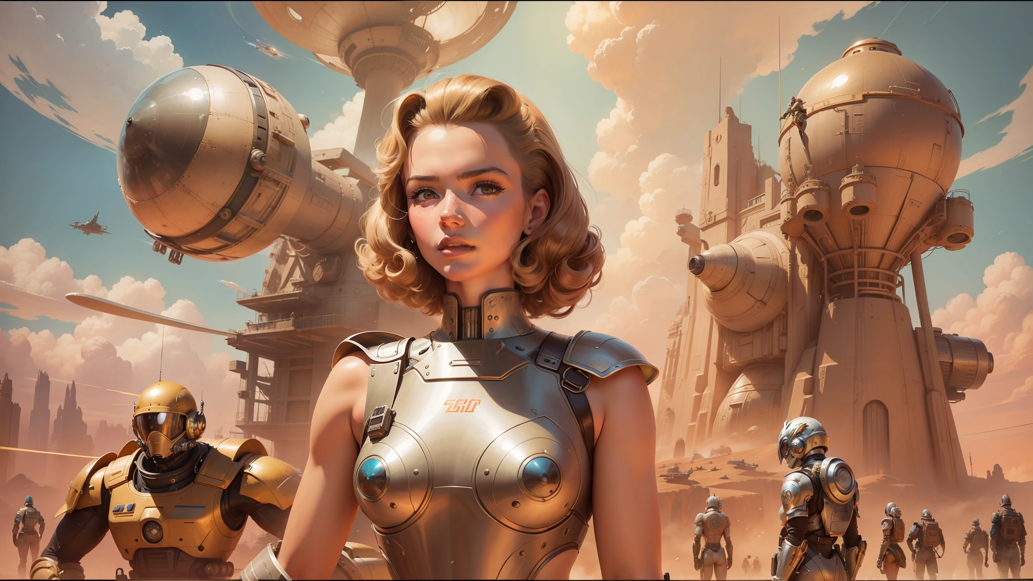 there is a woman standing in front of a painting of a group of people, retro-futuristic armor, cgsociety ), atomic age, by jim bush and ed repka, panoramic view of girl, protagonist in foreground, award - winning epic painting, bluray image, brass semi - mechanical woman, epic full color illustration, cyberwars, 5 0's vintage sci - fi style --auto --s2