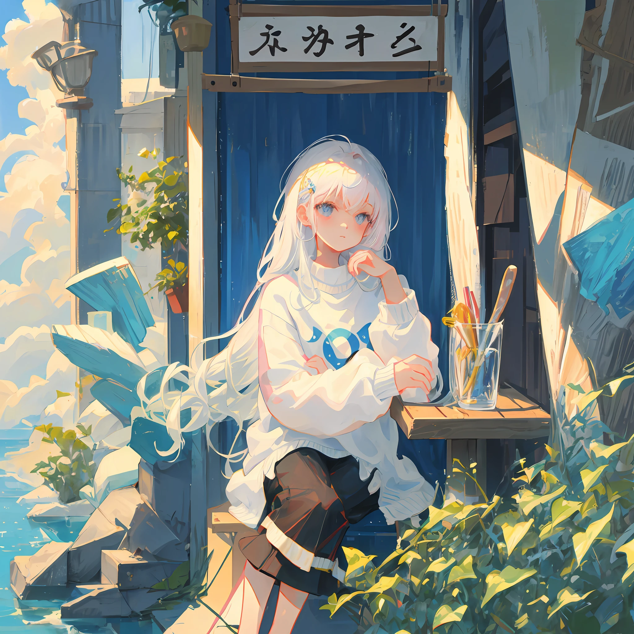 masterpiece, 1girl,solo, best quality, white sweater, [white hair:pink hair:20],long hair,upper body, hairclip, sitting on a chair, hand supporting chin,