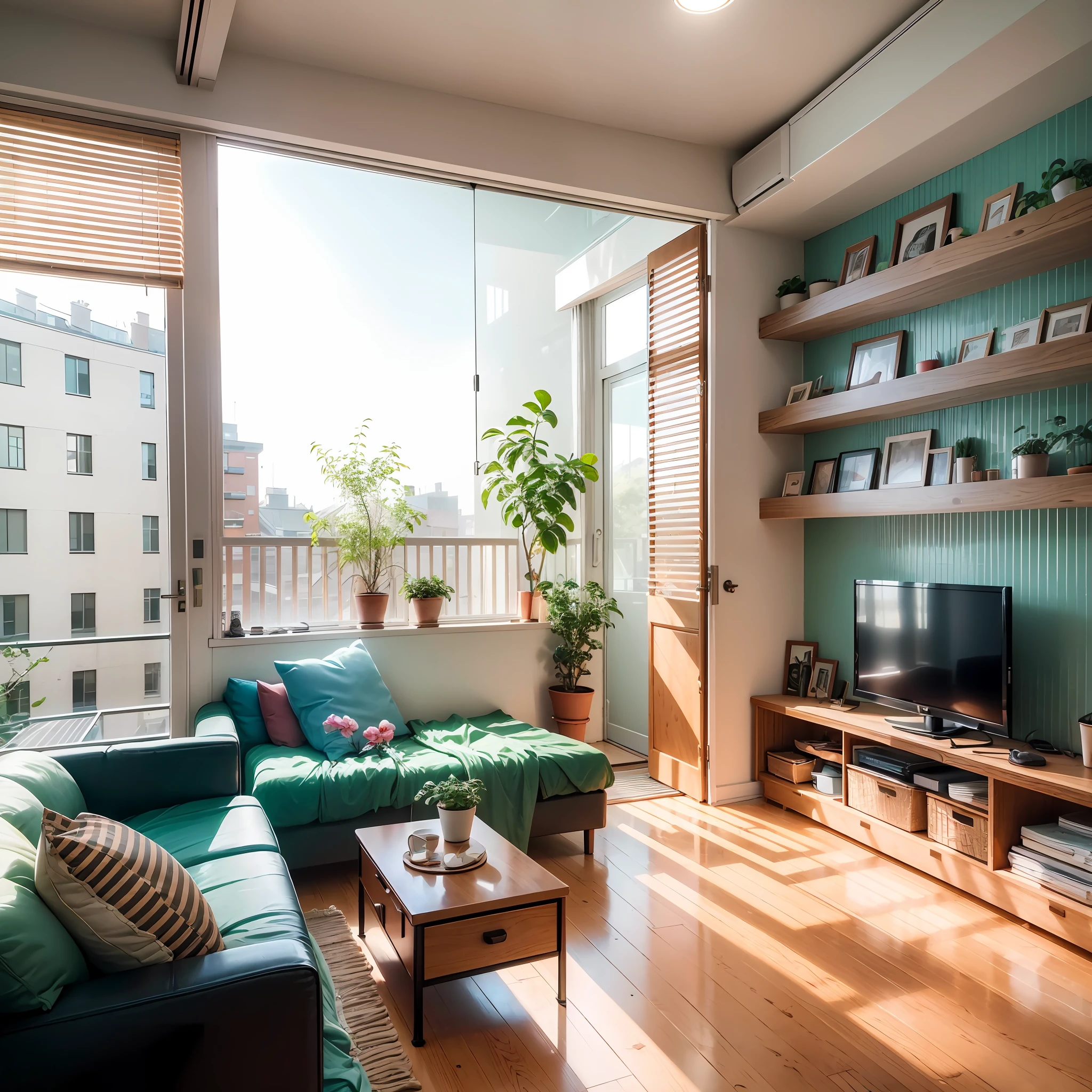 compact apartment room, integrated with the kitchen, counter type table for separation of the two environments, Scandinavian decoration with light wood panels (mixing plates and slats), brown leather sofa without cushions, LED TV in wood panel, lamp with square spots in rail type electrified gutter, a red wall with frames illuminated by directional square spots,  High shelves along the walls with pendant plants, 8K, super detailed, soft light coming in through the balcony door, lens flare, photo-realistic, wide-angle lens, warm color temperature, diffuse and white external luminosity --auto --s2