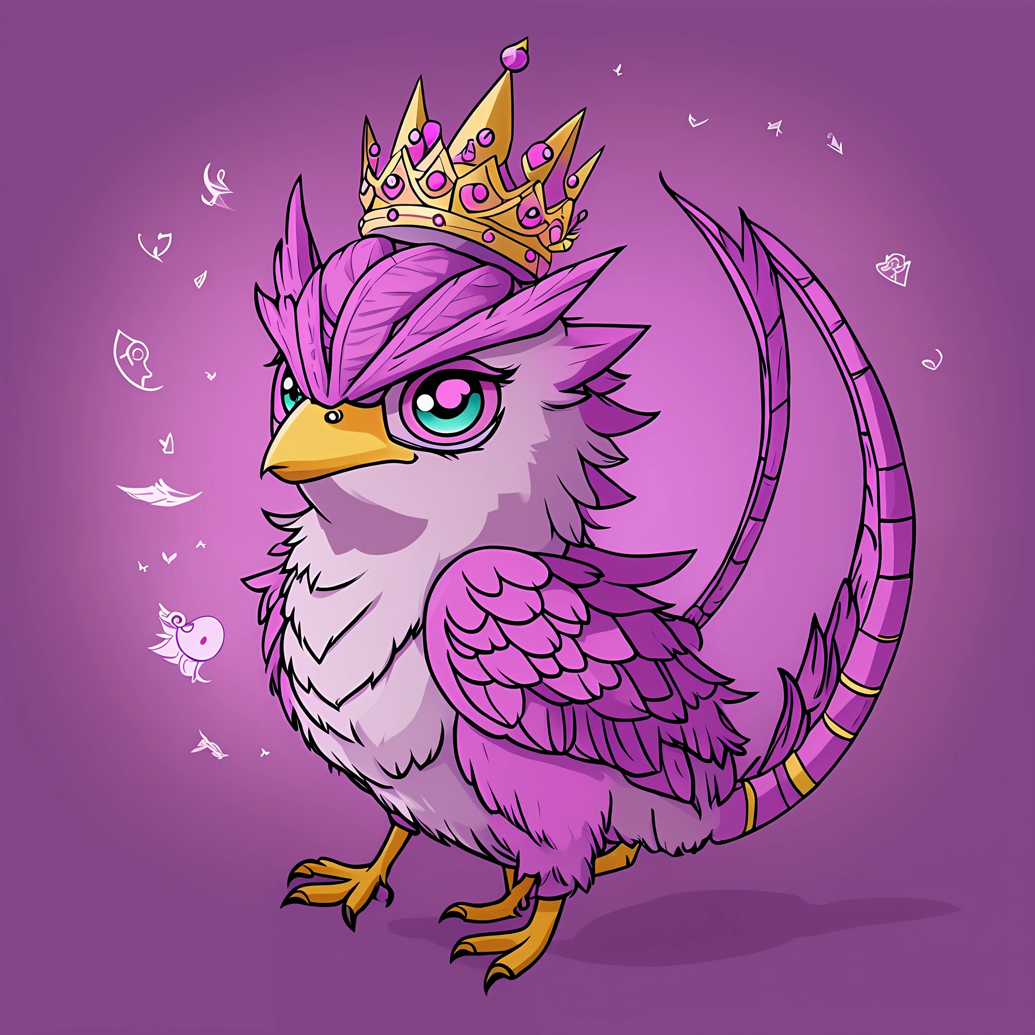 a cartoon bird with a crown on its head and a pink background, discord pfp, omori, weird silly thing with big eyes, very cute purple dragon, avatar for website, discord profile picture, big pink eyes, digital drawing, in the art style of quetzecoatl, lowres, with glowing purple eyes, coloured line art, a friendly wisp