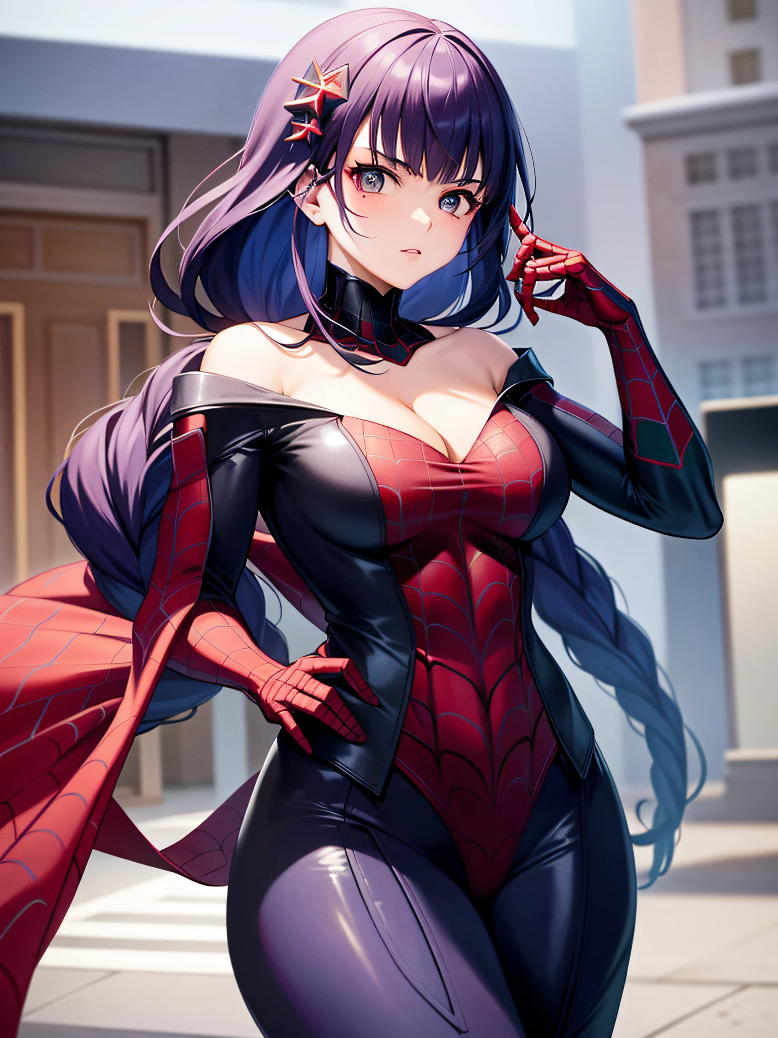 she is wearing a Spider-man suit, red and black color scheme, spider