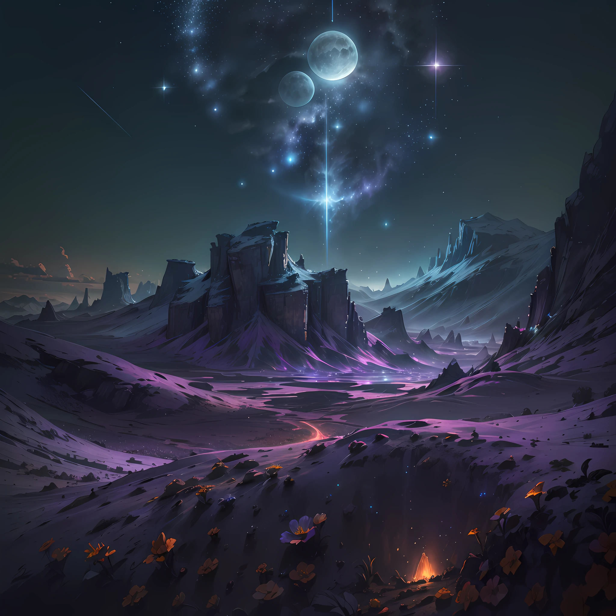 expansive landscape photograph, (a view from below showing the sky above and open field below), a man lying in the field with an m4 gun looking up, (full moon: 1.2), (shooting stars: 0.9), (nebula: 1.3), distant mountain, tree, rainbow, starry night, BREAK production art, (hot light source: 1.2), (Firefly: 1.2), lamp, very purple and orange,  intricate details, volumetric lighting, realism BREAK (masterpiece:1.2), (best quality), 4k, ultra-detailed, (dynamic composition:1.4), highly detailed color details,(iridescent colors:1.2), (bright lighting, atmospheric lighting), dreamy, magical, (solo:1.2) --auto --s2