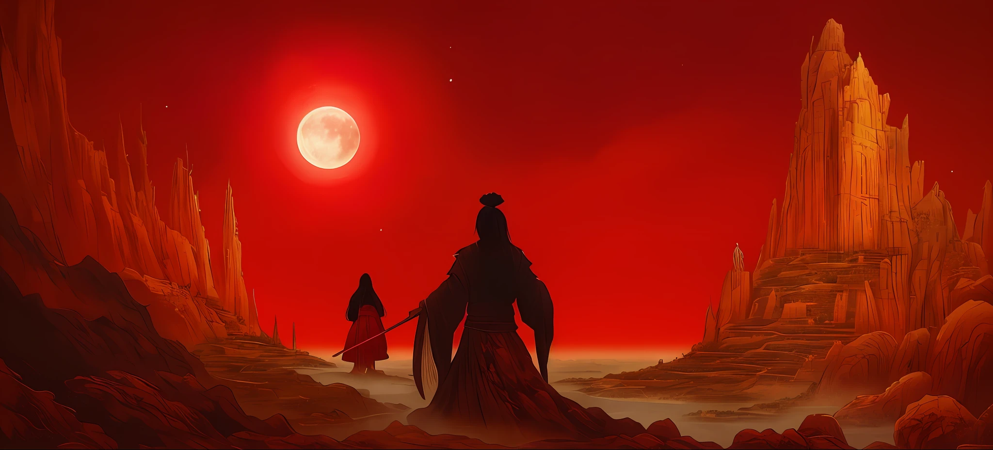 there is a painting of a woman in a red dress standing on a rock, a beautiful artwork illustration, an ominous fantasy illustration, god of moon, journey to the west. pop art, akira from chinese mythology, in front of a big moon, korean mythology, chinese warrior, chinese fantasy, wuxia, fully clothed in red robes