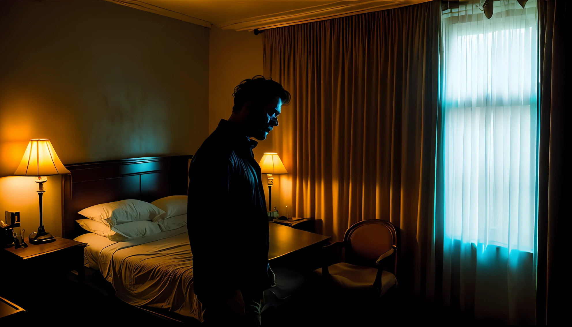 a creepy ghost of a dead man, haunting a hotel room, ultrarealistic, dramatic cinematic lighting, soft edge lighting, (bloom:1.2), photographed on a Canon EOS R5, 50mm lens, F/2.8, HDR, professional, dramatic cinematic lighting, (backlit:1.2), hard edge lighting, cool and vibrant colors, (dusty air:1.3), cinematic film yet of (cannibal holocaust:0.5)| Scary stories to tell in the dark| (disgrace:0.2)|the void|