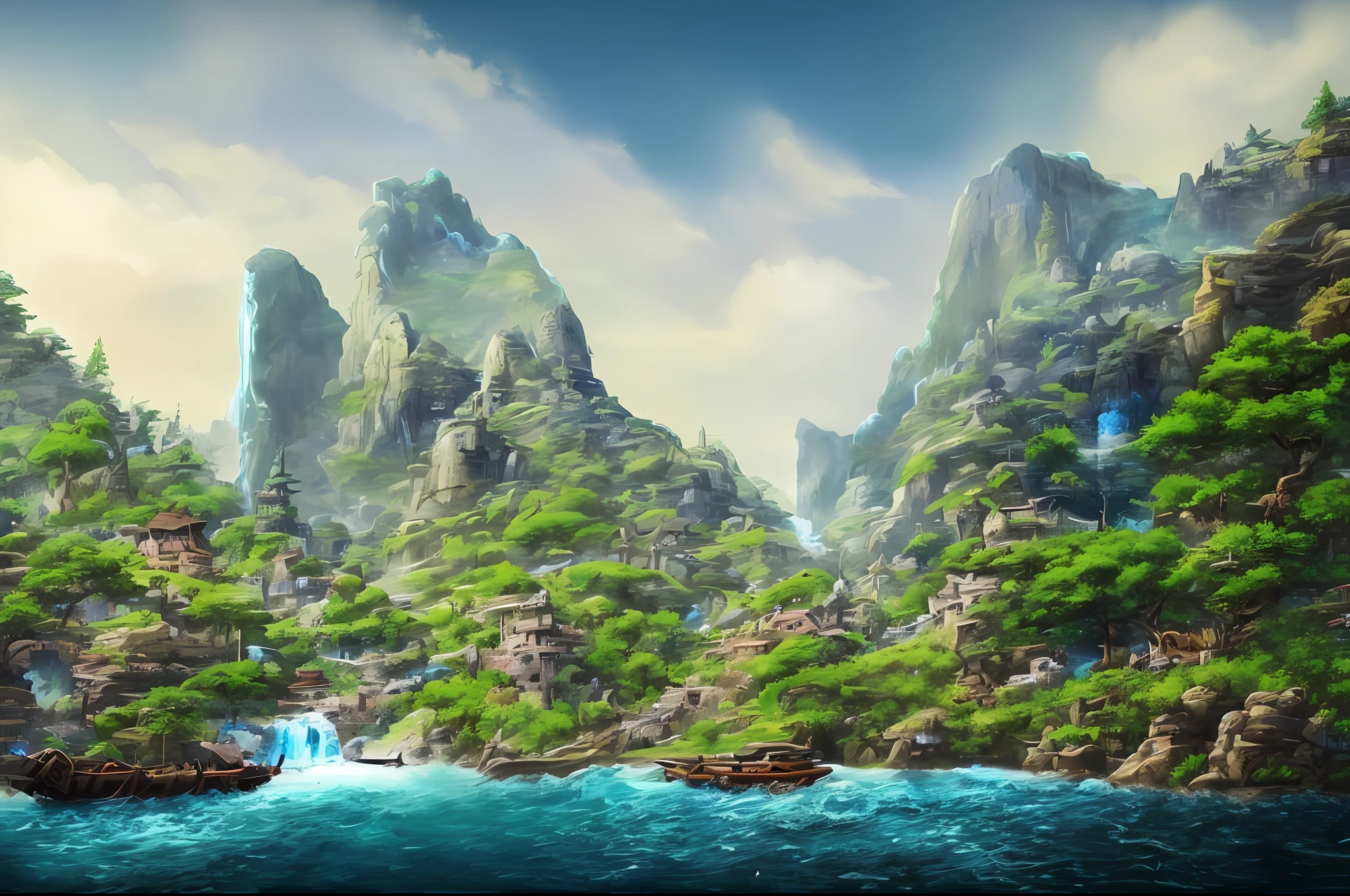 painting of a mountain landscape with a waterfall and a boat, avatar landscape, background artwork, dota matte painting concept art, dota! matte painting concept art, illustration matte painting, legend of korra setting, game art matte painting, epic matte painting of an island, fantasy art landscape, matte painting in fantasy style, high quality desktop wallpaper, dreamy matte painting, background art