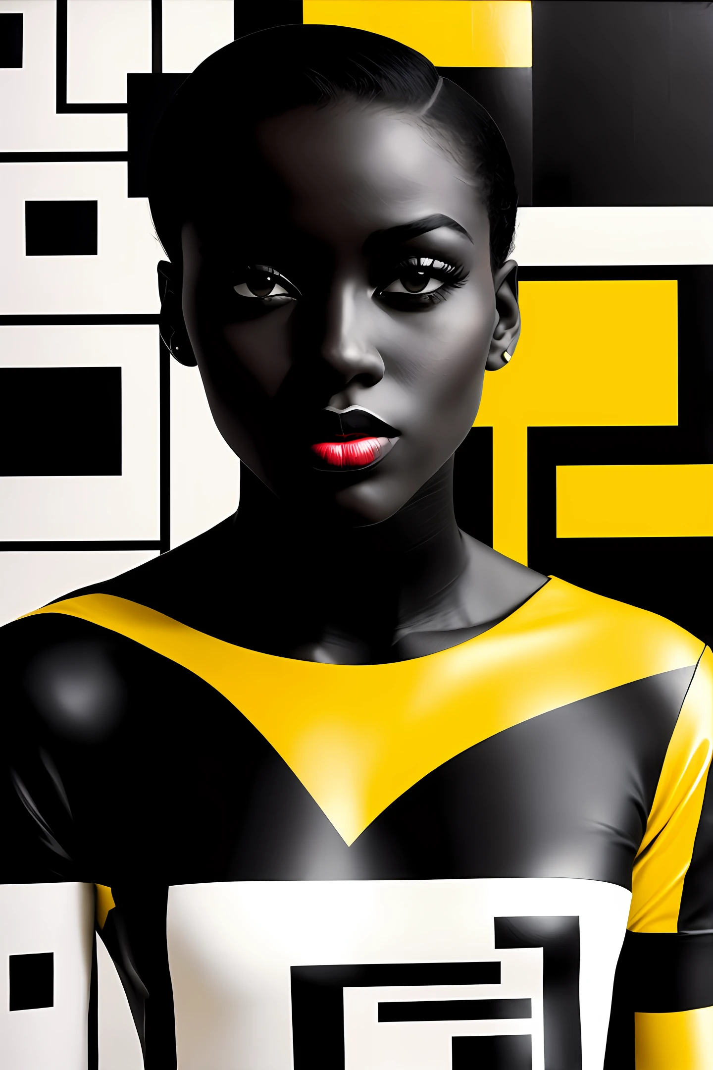 Pop art, hyper-black model in the streets of new-york, collage, goldblocks, brutalism