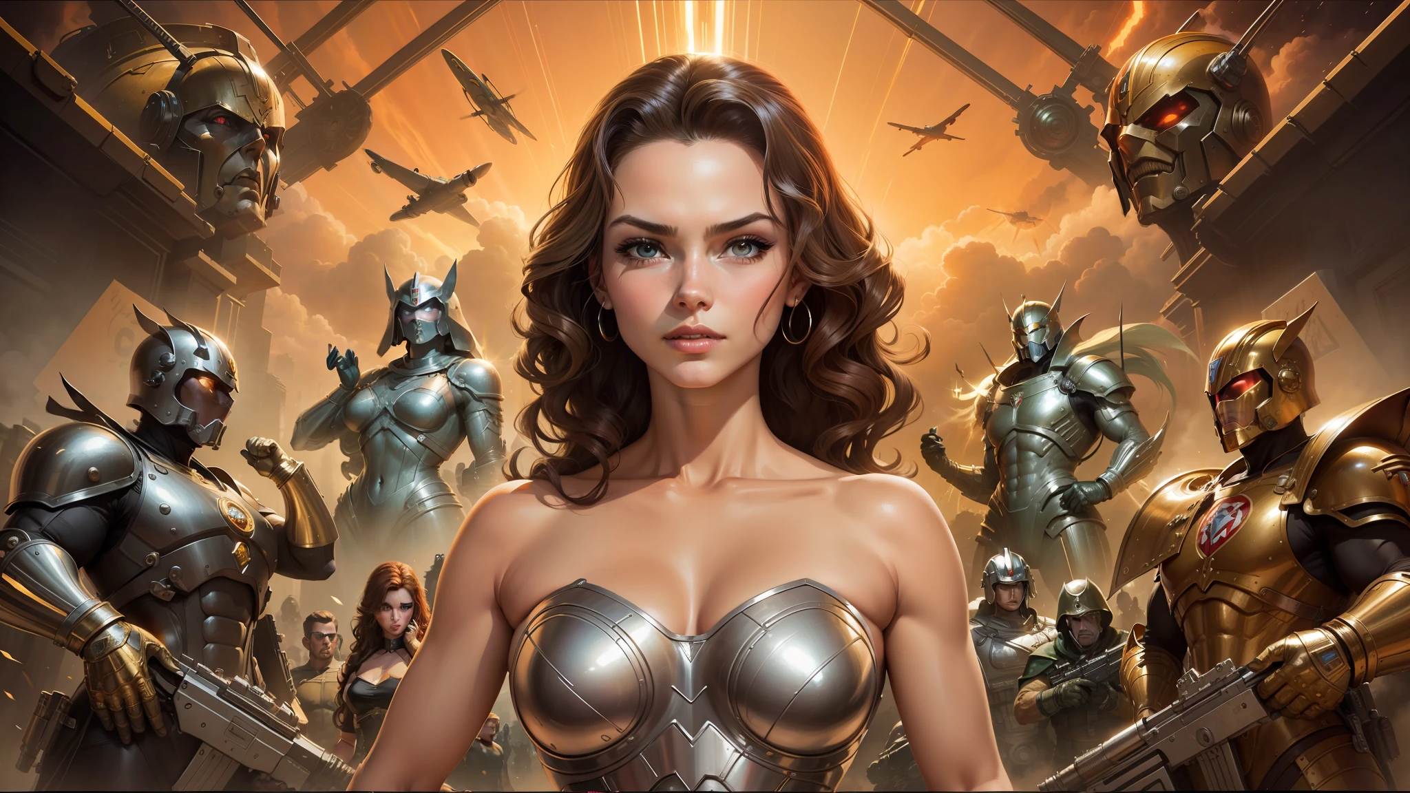 a woman in a wonder wonder suit standing in front of a painting, heavy metal comic cover art, cinematic design, inspired by Vladimir Tretchikoff, golden armor wearing, wartime footage, sunburst behind woman, rebecca romijn as dorothy, video game cover art, golden computers, goddess of war, by Alex Horley-Orlandelli, chrome art --auto --s2