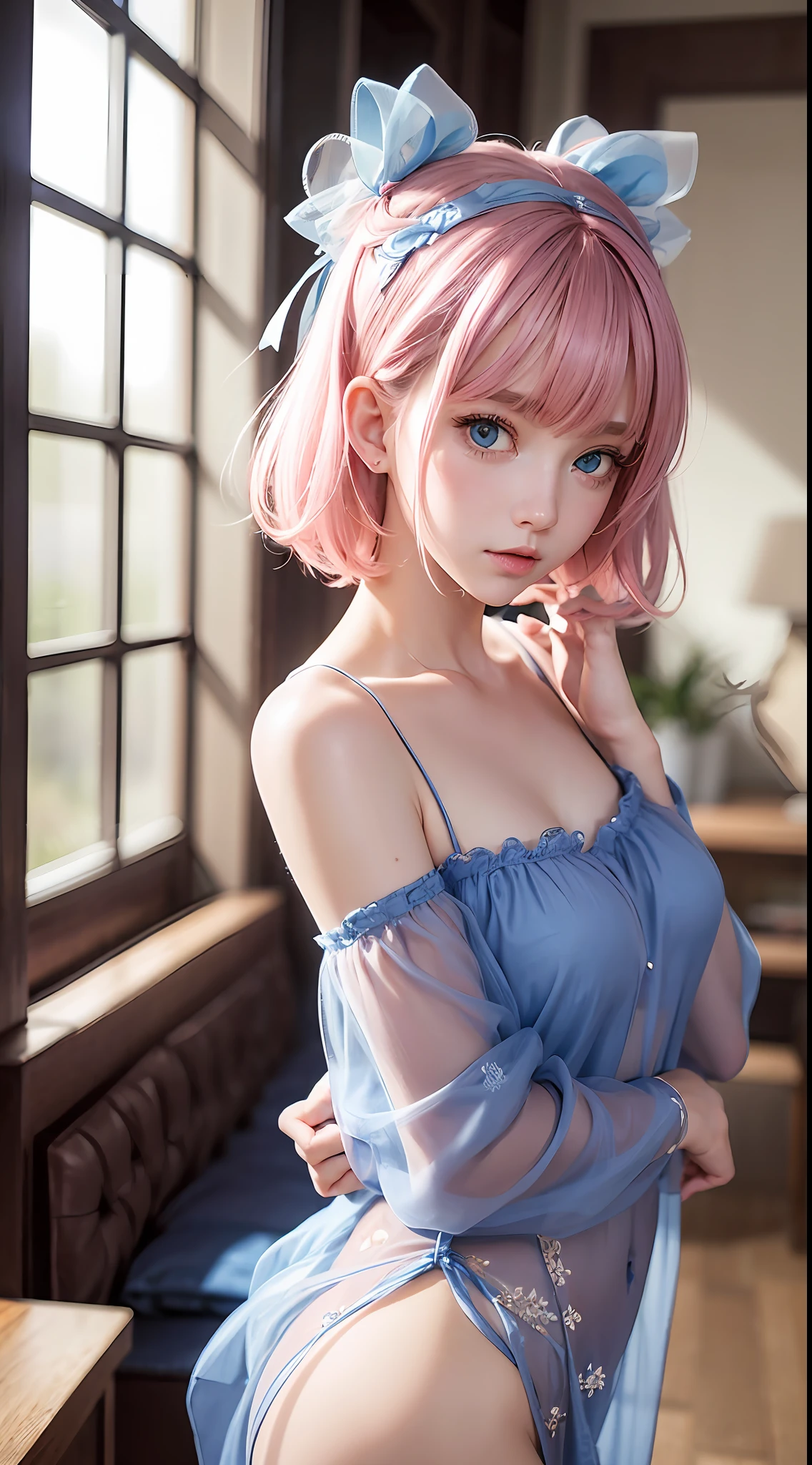 1girl,((beautiful face)), [sheer fabric] camisole dress, messy bob hair, blue eyes, bangs, hair ornament, pink hair ribbon, upper body, standing, indoors, living room, sofa, tables, window, (NSFW:1.1)
