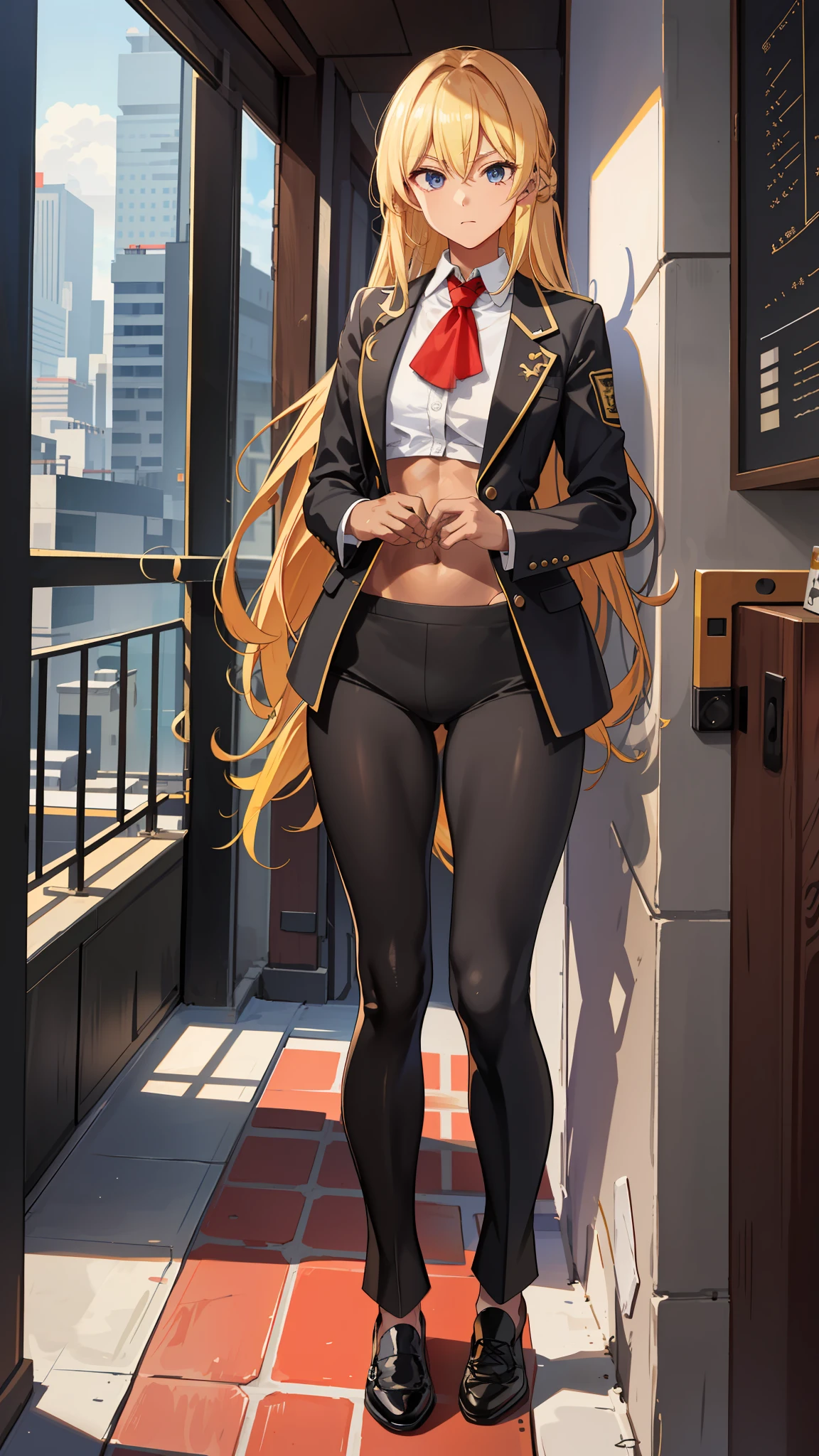 sketch,traditional_media,bishoujo,anime_art_style,masterpiece,distinct_image,distinct,highres,high_quality,finely_detailed,intricate_details,perfect_anatomy,perfect_eyes,perfect_fingers,perfect_hands,CG_game_cg,Cyberpunk,fullbody,looking_at_viewer,girl_focus,background,apartment,hut,solo,1girl,politician,merchant,cute face,small medium face,long hair,hair between eyes,side braid,yellow hair,blonde hair,long eyebrow,multicolored eye,blue eyes,red eyes,female,mature_female,tall,slender,thin_stomach,thick_abs,11_line_abs,thinwaist,dark_skin,tanned_skin,tuxedo,Military_Made_costume,collared_shirt,suit_jacket,pant_suit,flats,pumps,converse