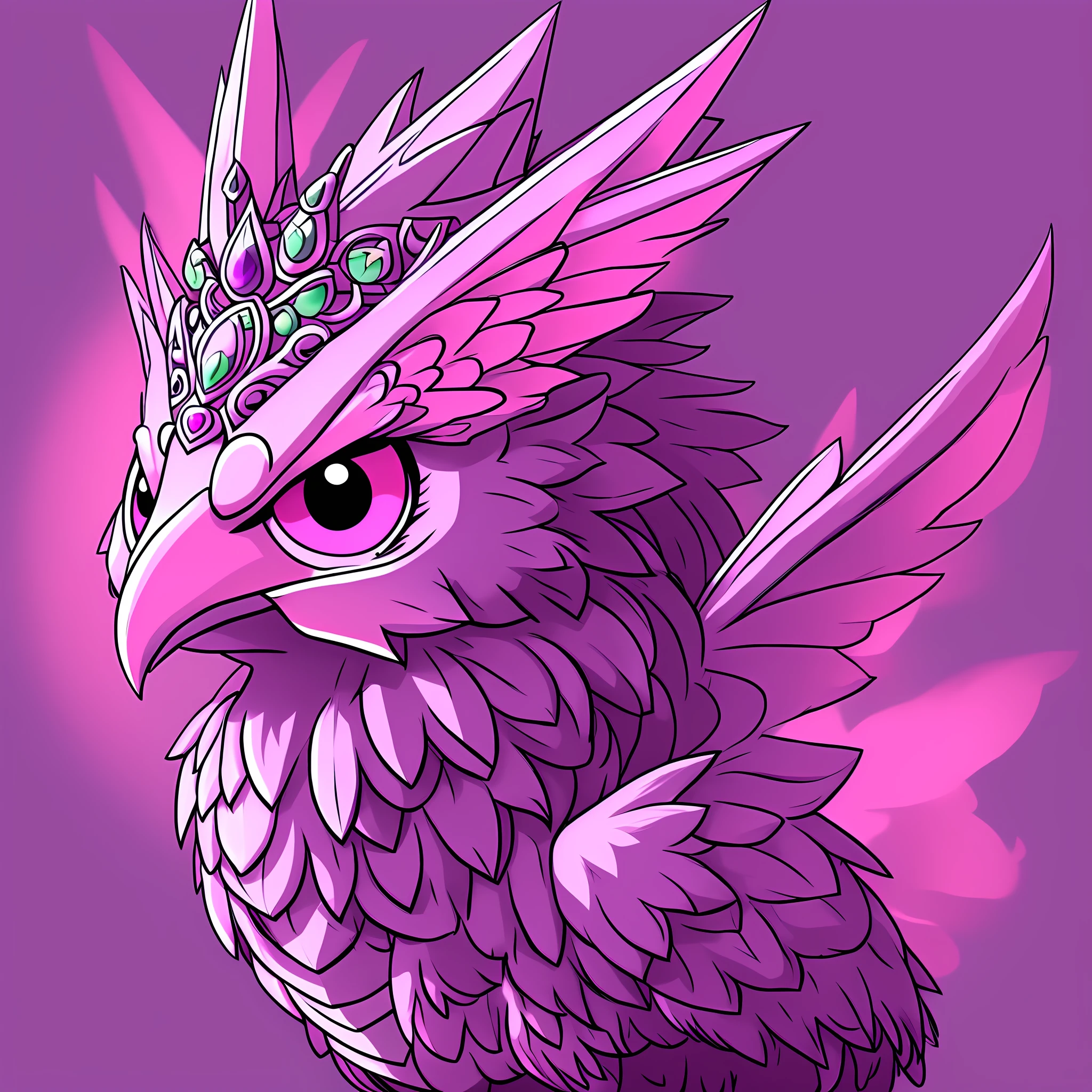 a cartoon bird with a crown on its head and a pink background, discord pfp, omori, weird silly thing with big eyes, very cute purple dragon, avatar for website, discord profile picture, big pink eyes, digital drawing, in the art style of quetzecoatl, lowres, with glowing purple eyes, coloured line art, a friendly wisp