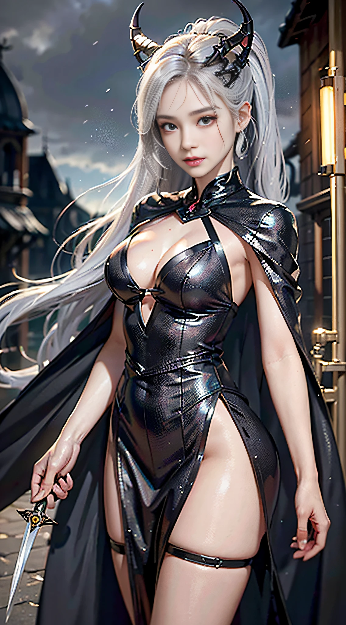 Masterpiece, super high detail, high quality, high image quality, super high resolution, master work, cinematic detail, line refinement, 4k, background refinement, background not blurred, delicate hands, delicate facial features perfect and not blurred, (realistic real fingers: 1.2), (black gorgeous brocade, fengli, silver jewelry, black and red long cloak: 1.2+ flowing), (sharp eyes: 1.2+ delicate face + silver-white long hair and waist long ponytail)) warrior woman, (long sword in front of the eyes: 1.3), (plasma scattered :1.2), clothes full of blood: 1.2)), with a sense of quacks and ancient winds. Facing sideways in the rainstorm, the mount is a black fire-breathing unicorn beast, guarded by two dragons on both sides, revealing a hideous dragon head, ((evening: 0.9, twilight: 1.1), (rain: 0.8 + wind: 1.1 + lightning: 1.2 + fog: 1.1)), ((eerie ancient buildings: 0.9, muddy dirt: 1.1, ruins: 1.2, barren mountains: 1.1, lakes: 1.1, rainforest: 1.1): 1.2), full body photos, dark painting style,