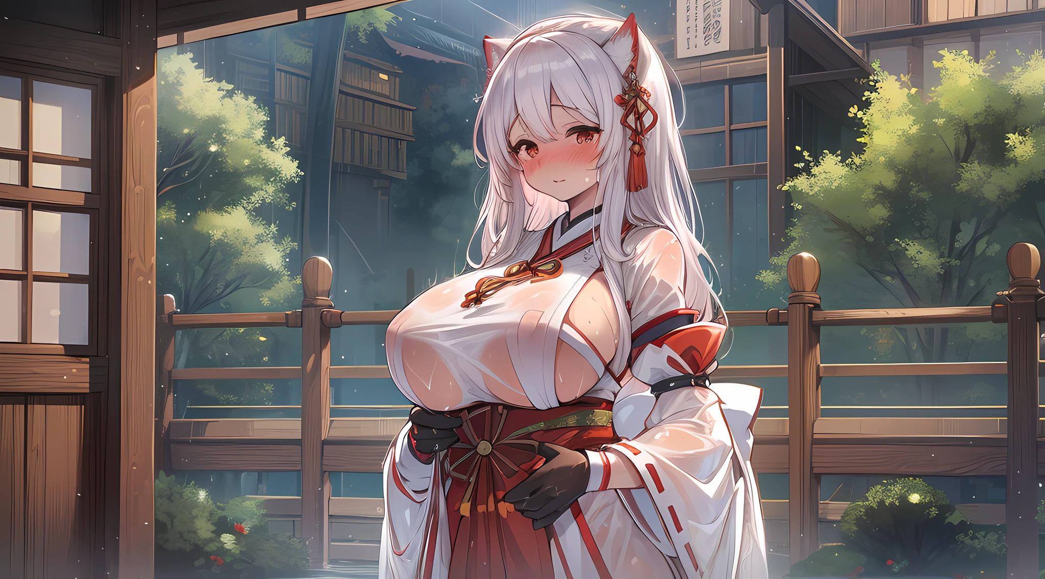 furry girl, giant breast, (blushing), (wet see through:1.4) japanese miko outfits,(mature women:1.2)