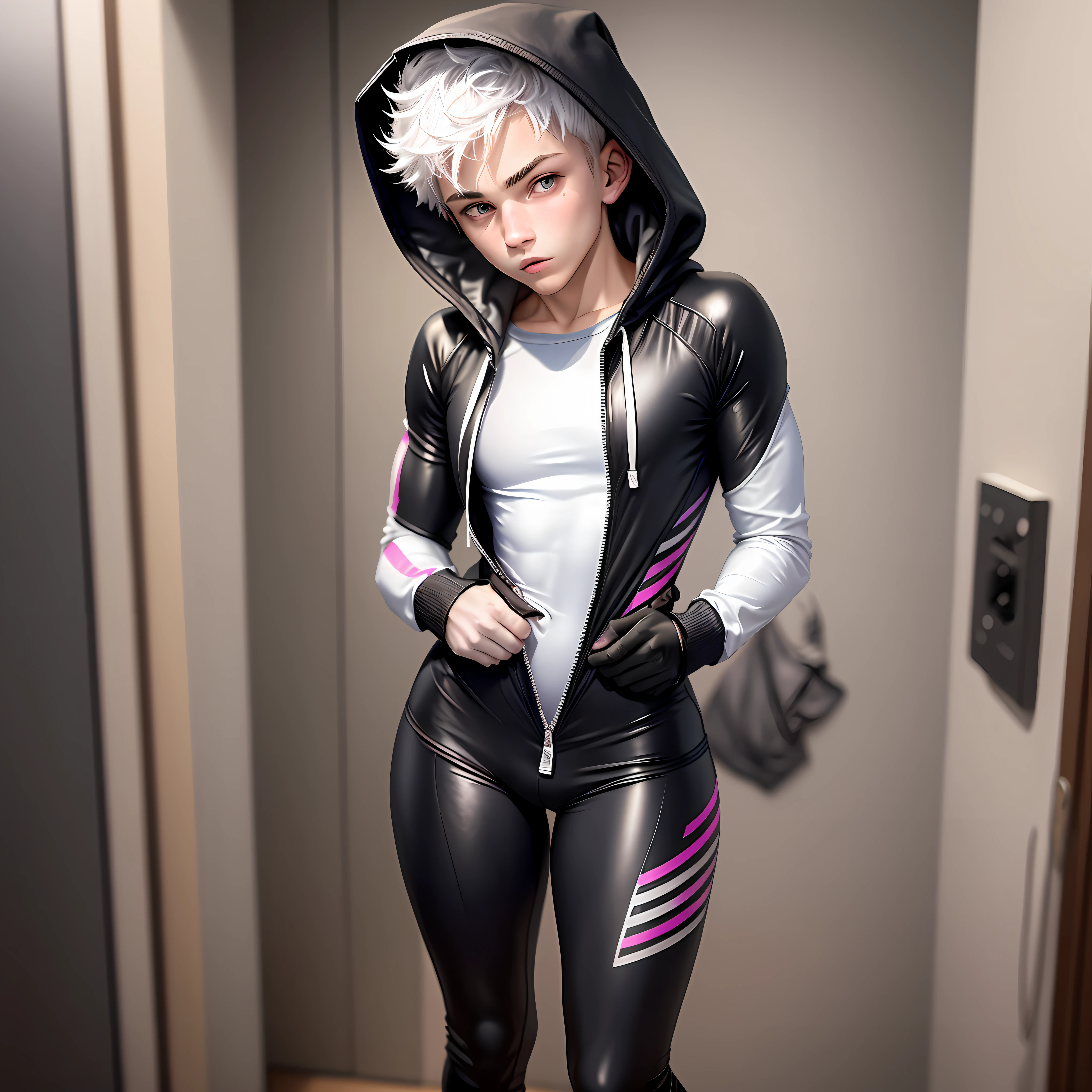 Gay 18 year old boy with short white hair adorable face skinny, unfit, trying on a spandex catsuit with a zipped up hoodie over the top of the catsuit with the hood up in the changing rooms blushing hard nervously in a nervous pose full body masterpiece