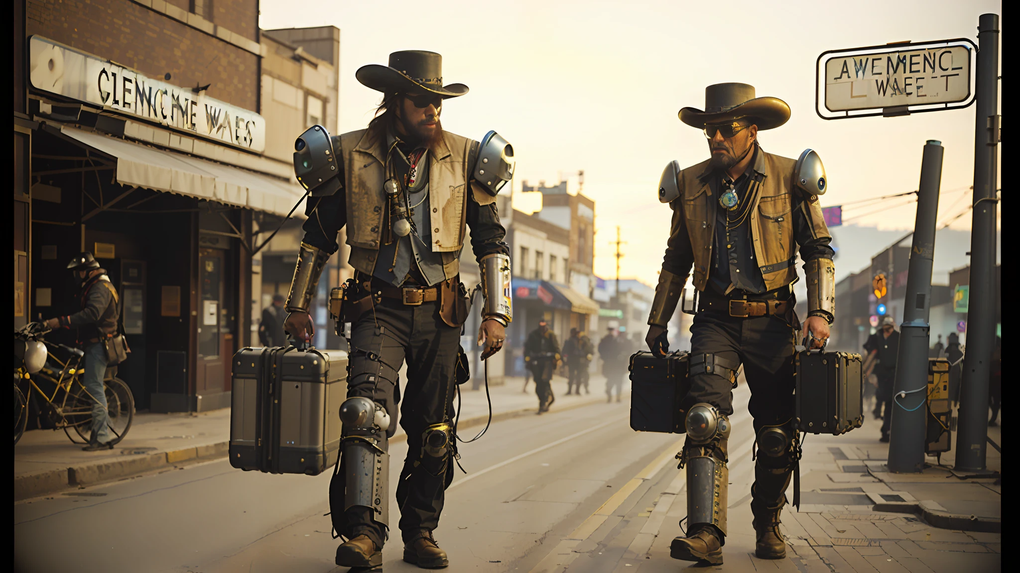 two men in costumes walking down a street with luggage, cyberpunk wild west, western steampunk cyborg, cyber western, dieselpunk cyborgs, cowboy plague doctors, robot cyborgs, westworld style, oldwest, beeple and jean giraud, sci-fi steampunk, futuristic dieselpunk street, walking the wild west wastelands, retro sci - fi picture --auto --s2
