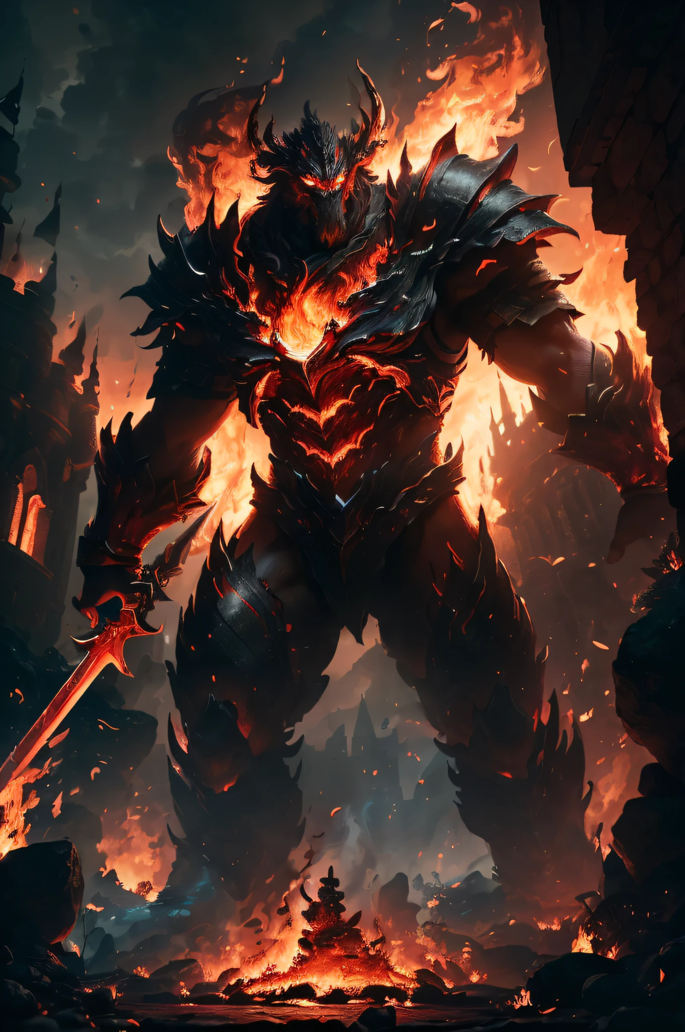 (8k, RAW photo, best quality, masterpiece:1.2), (realistic, photo-realistic:1.37), octane render, ultra high res, ultra-detailed ,professional lighting, photon mapping, radiosity, physically-based rendering, ue5, ((earth giant monster)), ((red glowing ember on giant's body)), ((red eyes)), ((holding flaming sword)), ((burning castle)), ((flaming wings))