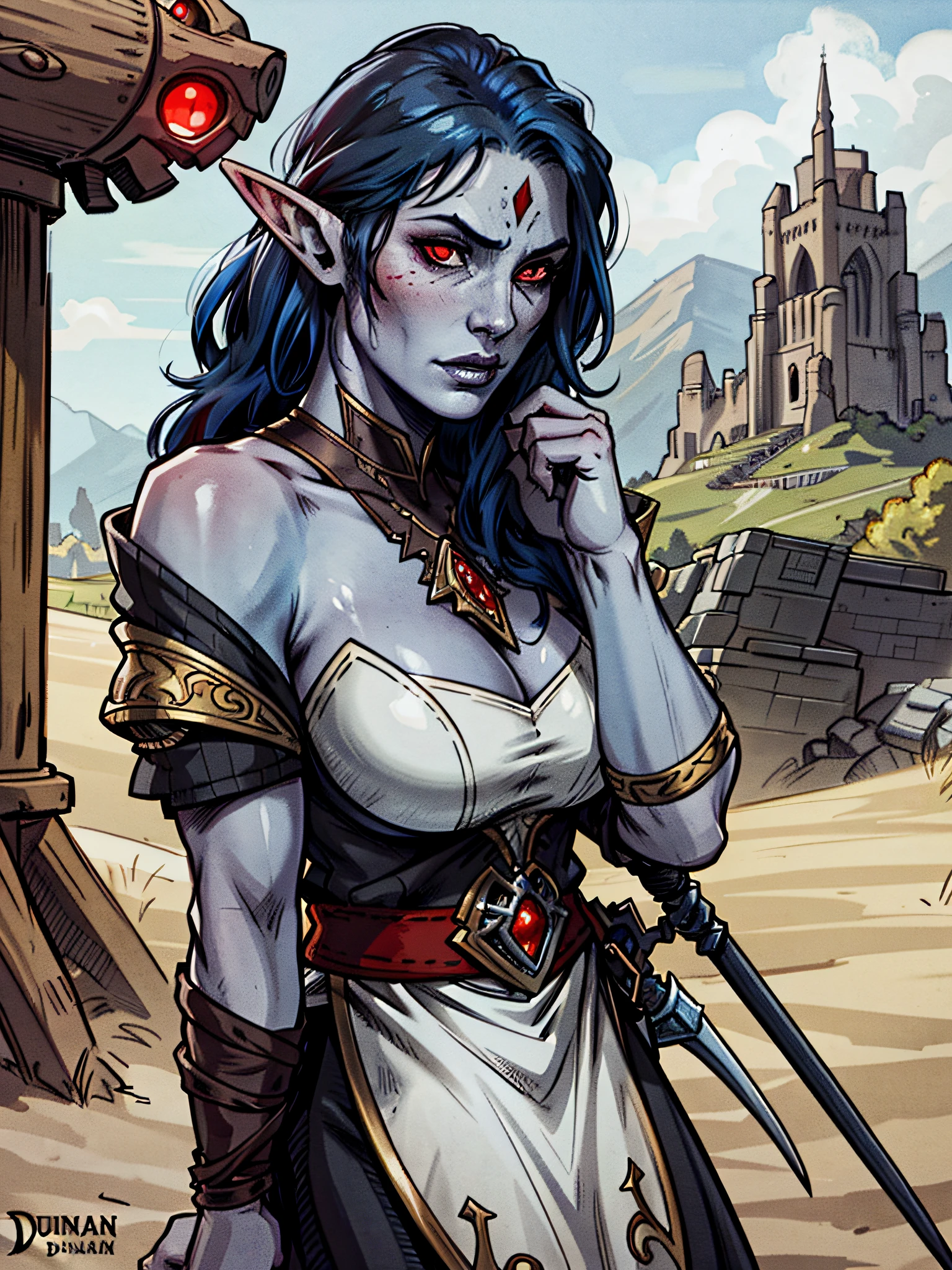 beautiful woman, epic fantasy, medieval background. Skyrim, (solo), (closeup, portrait shot), Dunmer, Elf, red eyes, dark elf, blue hair, grey skin, red sclera, realistic, sweating,
