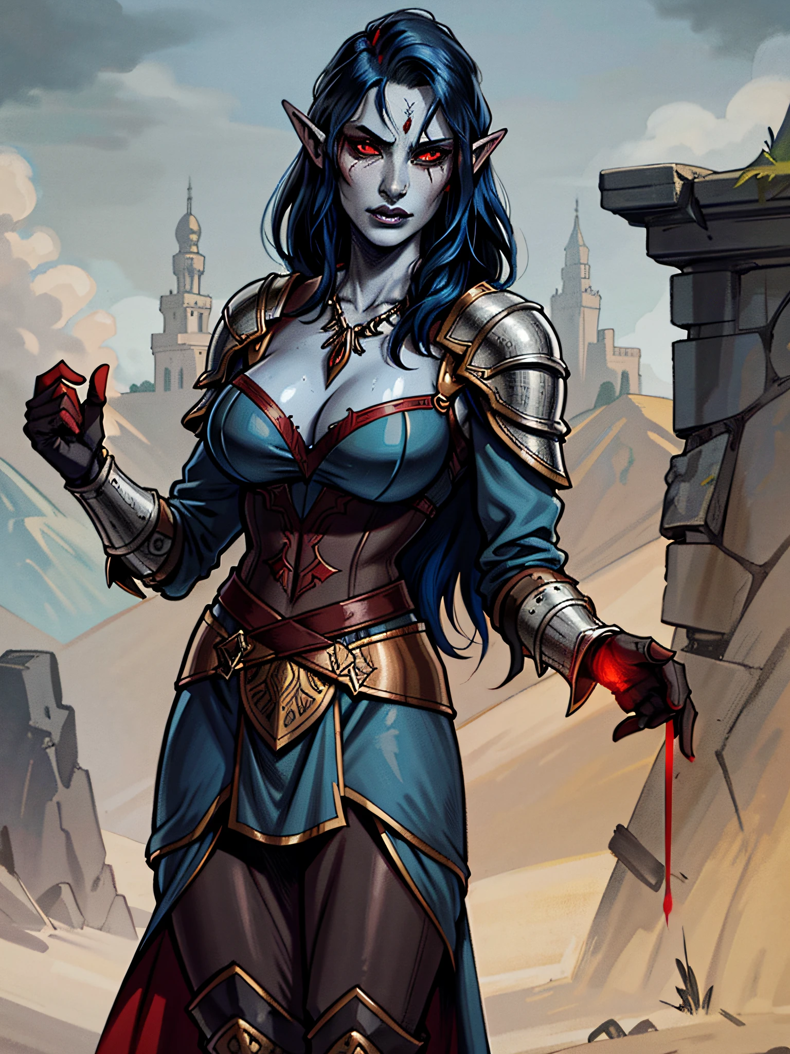 beautiful woman, epic fantasy, medieval background. Skyrim, (solo), (closeup, portrait shot), Dunmer, Elf, red eyes, dark elf, blue hair, grey skin, red sclera, realistic, sweating,