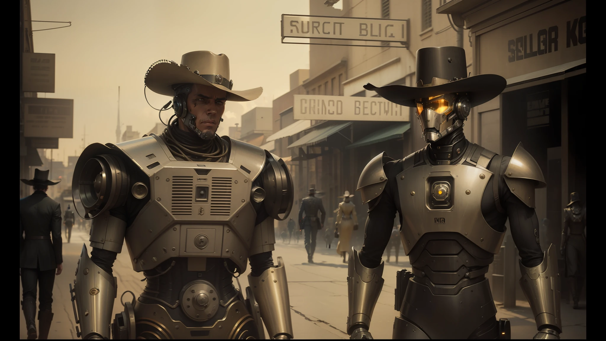 two robots dressed in costumes are walking down the street, 4 k wild west, daguerreotype photo, cgsociety ), dugeondraft, hats, cybernetic neck implant, comicpunk, wearing bullet-riddled armor, westworld style, golden computers, el dorado, two young men, fractalpunk --auto --s2