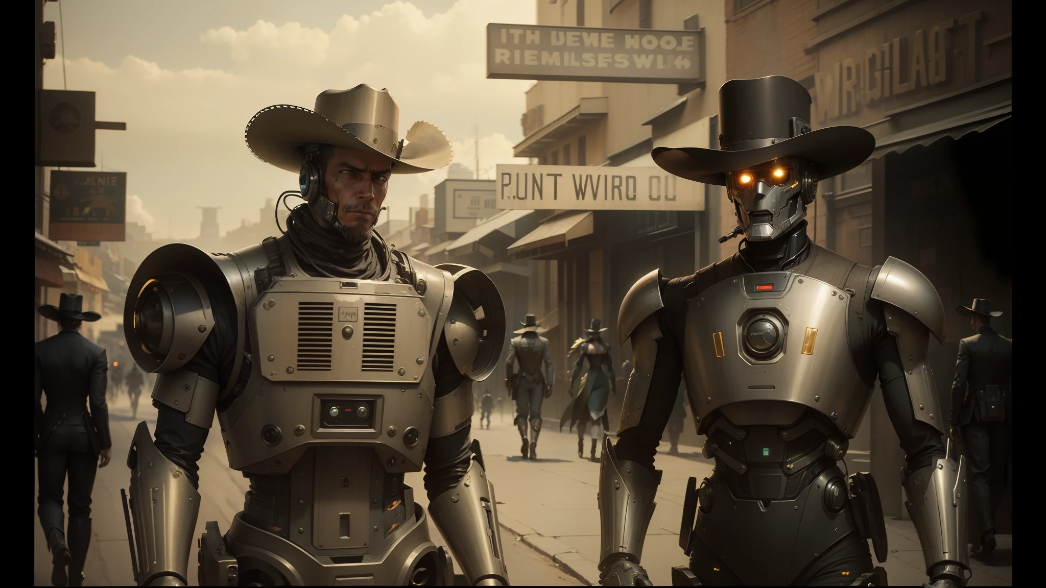 two robots dressed in costumes are walking down the street, 4 k wild west, daguerreotype photo, cgsociety ), dugeondraft, hats, cybernetic neck implant, comicpunk, wearing bullet-riddled armor, westworld style, golden computers, el dorado, two young men, fractalpunk --auto --s2