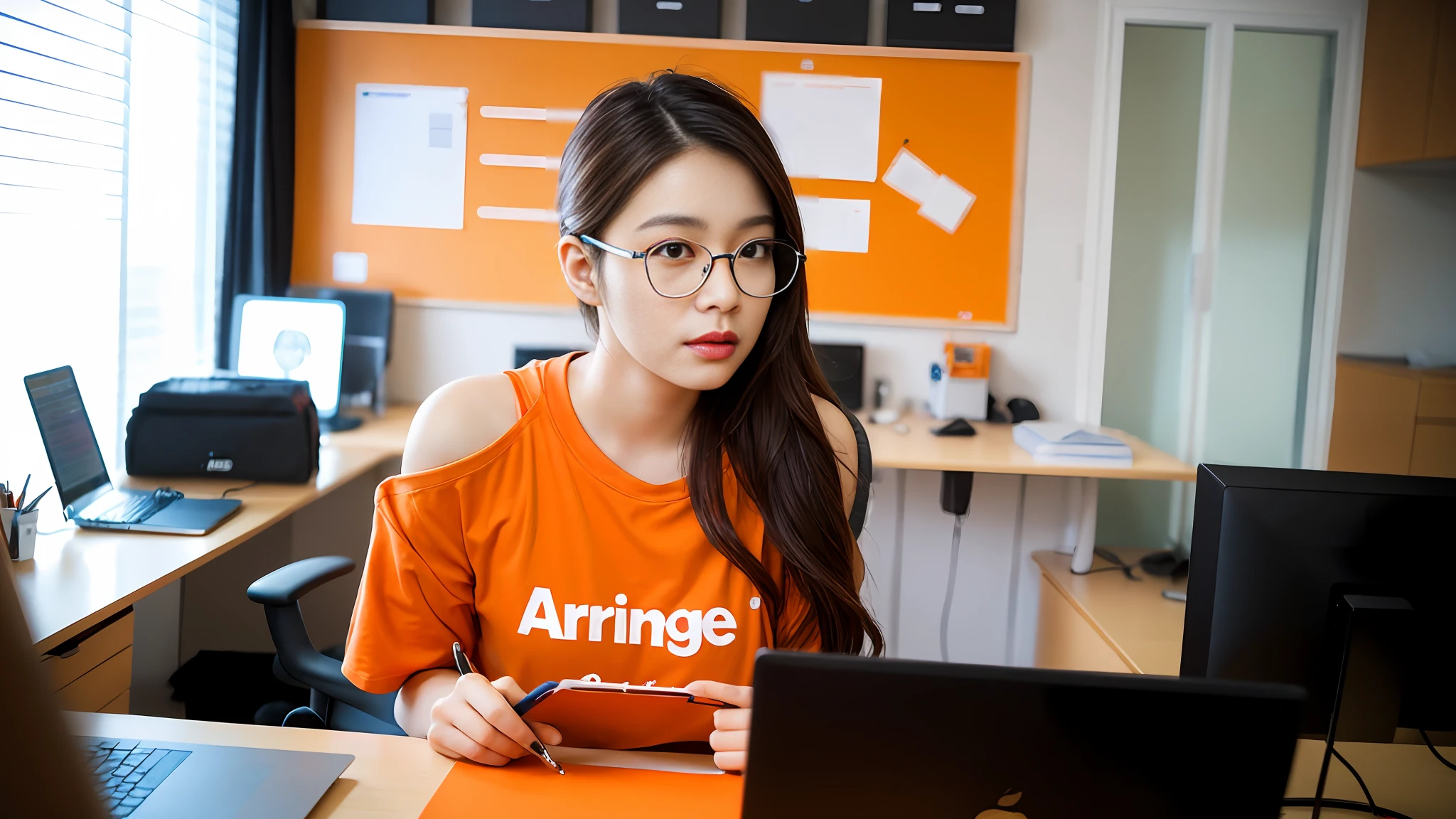 20 year old student girl wearing glasses, sitting next to macbook, ((wearing an orange t-shirt with arcline on the shoulder)), portrait of a pretty office lady, long wavy black hair, detailed face, looing at the viewer, office interior in the background, blurred background, sharp focus, intricate, photographic, award winning photograph, 8k wallpaper, professional studio llghting, trending on artstation