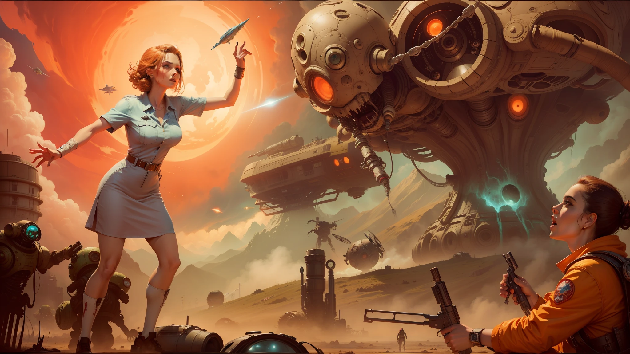 painting of a woman holding a sci - fiorer in front of a giant alien creature, atompunk, zombies attack, illustration”, an alien musician lost in space, matte coloring, by Ian Fairweather, atomic age, beholder, syringes, cosmic skies, microbiology --auto --s2