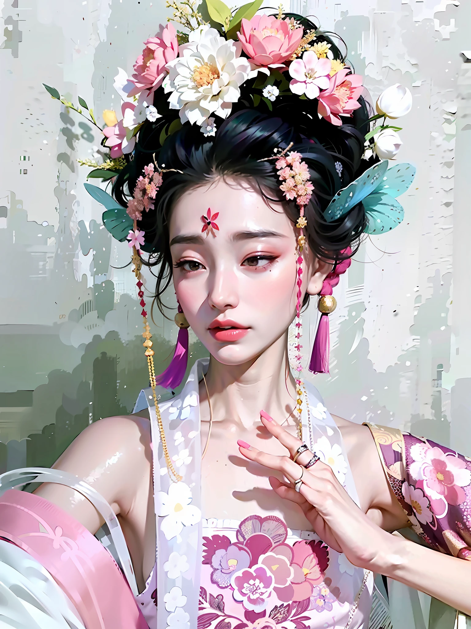 araffe woman in a pink dress with a flower crown on her head, a colorized photo inspired by Lan Ying, trending on cg society, realism, hanfu, palace , a girl in hanfu, ancient chinese princess, a beautiful fantasy empress, ancient china art style, ancient asian dynasty princess, chinese empress, white hanfu, chinese princess,looking down,