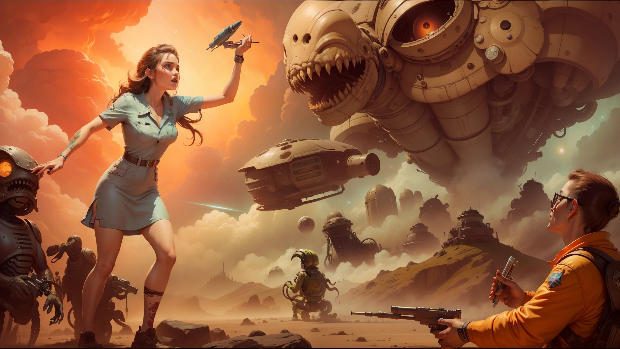 painting of a woman holding a sci - fiorer in front of a giant alien creature, atompunk, zombies attack, illustration”, an alien musician lost in space, matte coloring, by Ian Fairweather, atomic age, beholder, syringes, cosmic skies, microbiology --auto --s2