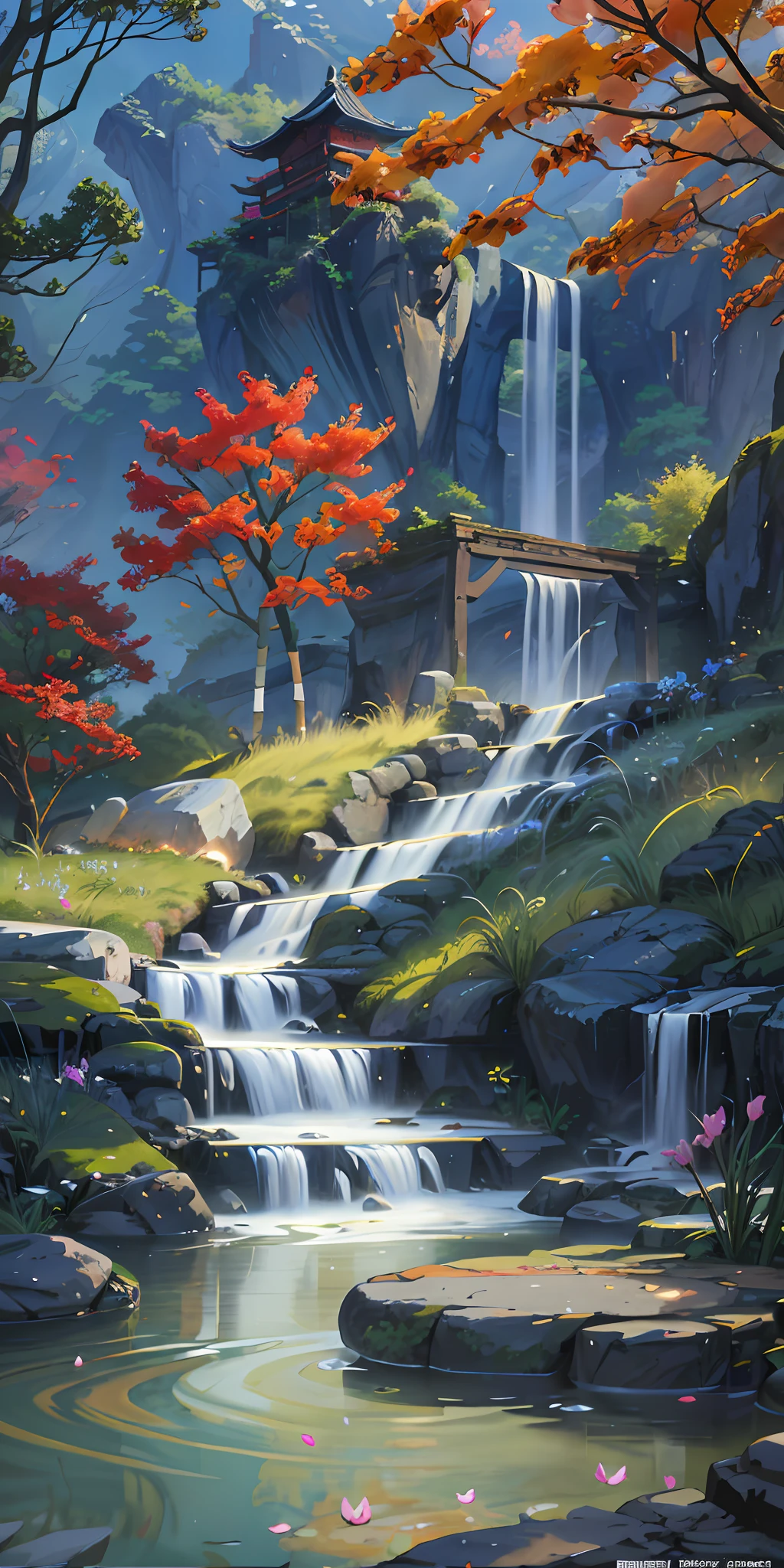 Ancient Chinese architecture, autumn, bamboo, lake, stone bridge, rockery, arch, corner, tree, tap water, landscape, waterfall, meadow, rock, water lily, hot springs, water vapor, (illustration: 1.0), epic composition, realistic lighting, high-definition detail, masterpiece, best quality, (very detailed CG unified 8k wallpaper)
