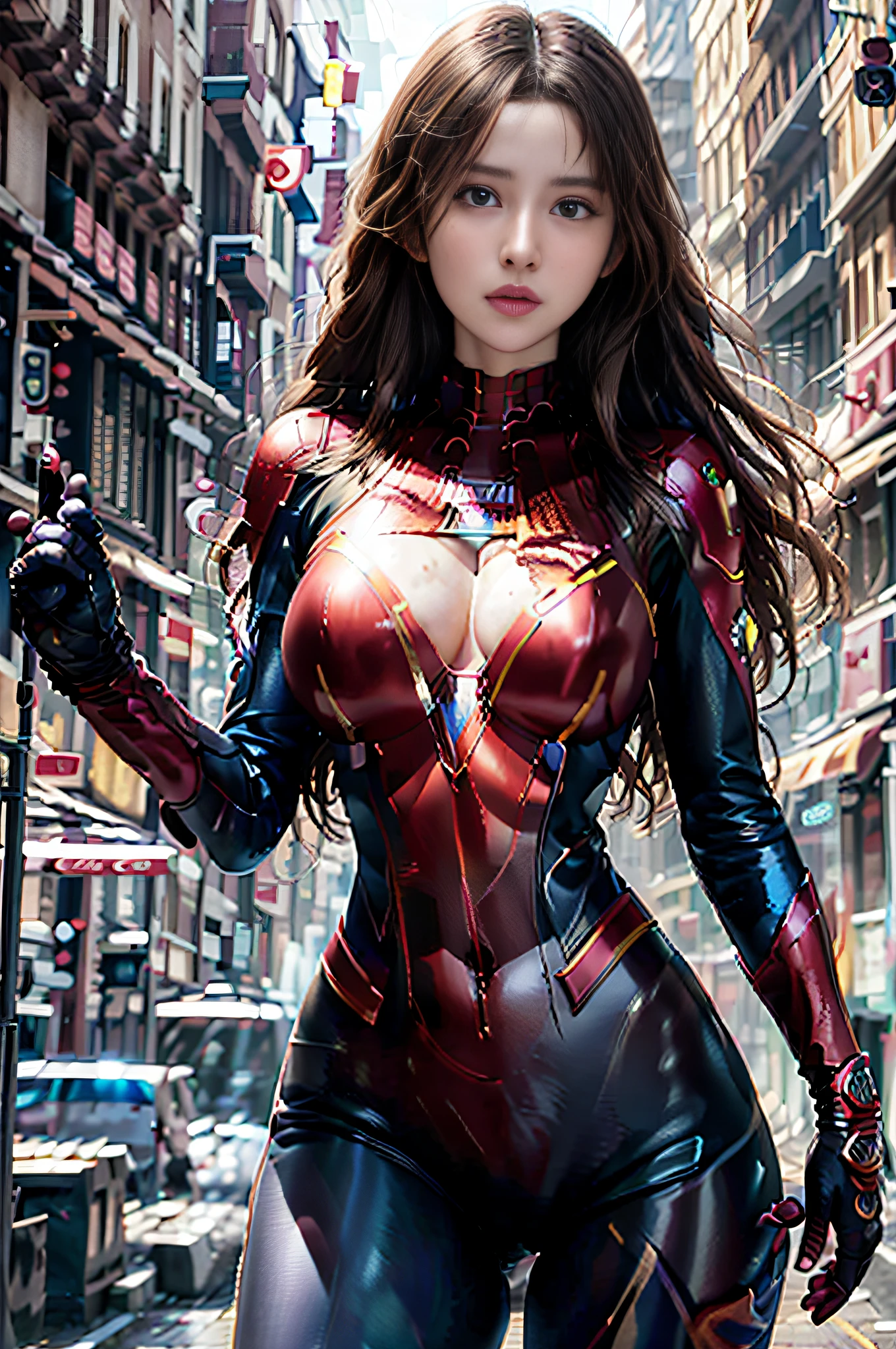 RAW, Masterpiece, Super Fine Photo, Best Quality, Ultra High Resolution, Photorealistic Photorealism, Sunlight, Full Body Portrait, Amazing Beauty, Dynamic Pose, Delicate Face, Vibrant Eyes, (From the side), She Wears Iron Man costume, Ragged Top, Jeans, Very Detailed Background, Detailed Face, Detailed Complex Busy Background, Messy, Gorgeous, Milky White, Highly Detailed Skin, Realistic Skin Details, Visible Pores, Sharp Focus, Volume Fog, 8K UHD, DSLR , high quality, film grain, fair skin, photorealism, lomography, sprawling metropolis in futuristic dystopia , seen from below, translucent