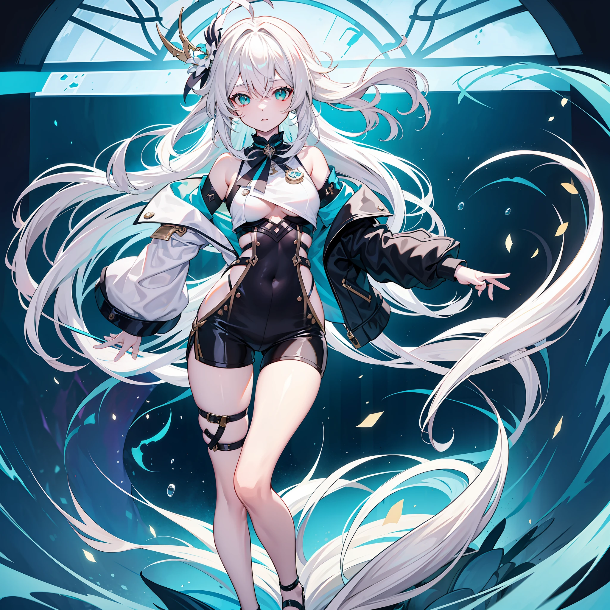 UHD, retina, masterpiece, accurate, anatomically correct, super detail, high details, high quality, award winning, best quality, highres, good anatomy, 1080P, HD, 4K, 8k, 16k, 1girl, long white hair, teal eyes, ahoge, full body, genshin impact style clothing, wearing booty shorts and fishnets, inner boob window, bare shoulders, off shoulder tight sleeves