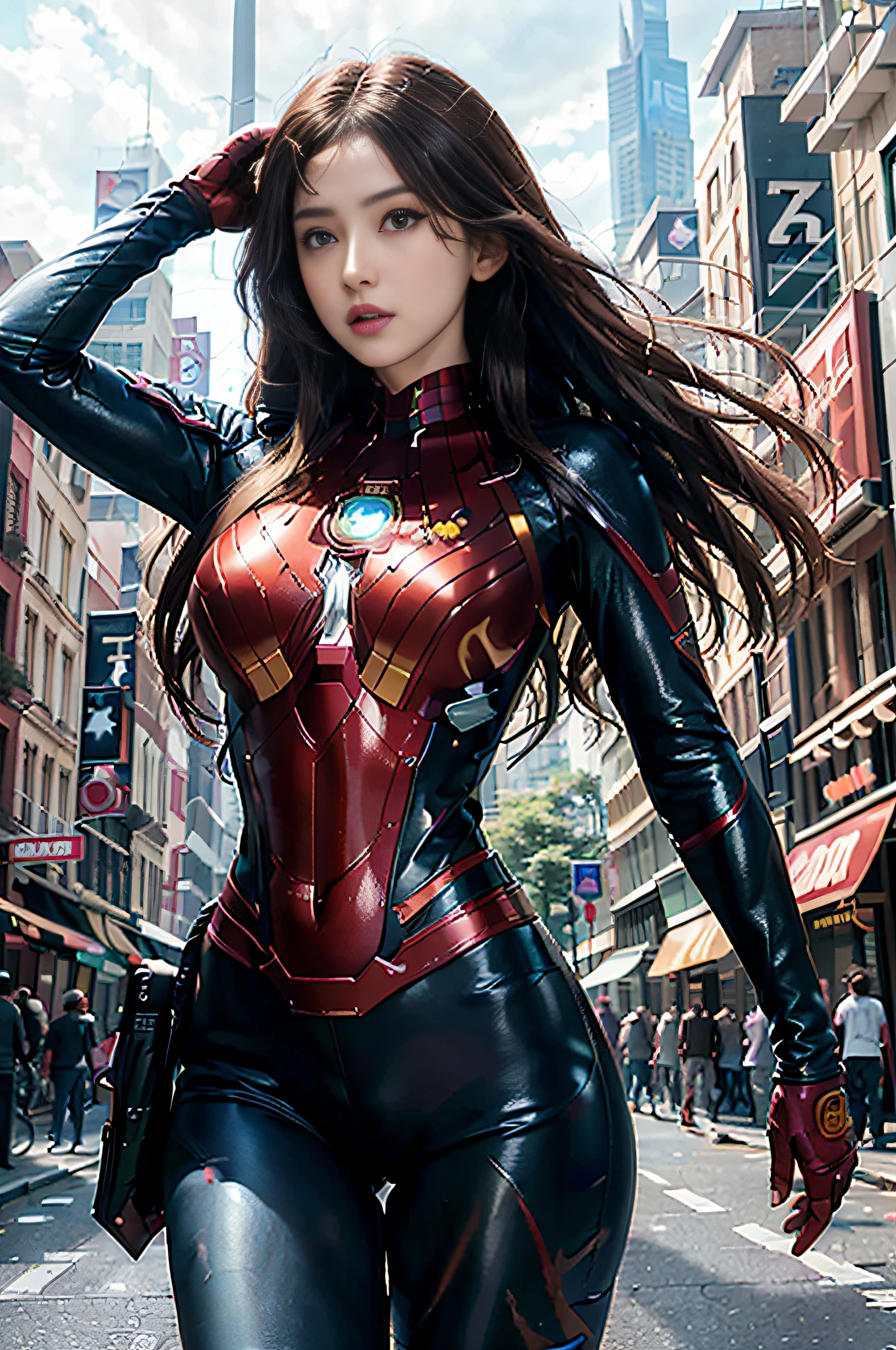 RAW, Masterpiece, Super Fine Photo, Best Quality, Ultra High Resolution, Photorealistic Photorealism, Sunlight, Full Body Portrait, Amazing Beauty, Dynamic Pose, Delicate Face, Vibrant Eyes, (From the side), She Wears Iron Man costume, Ragged Top, Jeans, Very Detailed Background, Detailed Face, Detailed Complex Busy Background, Messy, Gorgeous, Milky White, Highly Detailed Skin, Realistic Skin Details, Visible Pores, Sharp Focus, Volume Fog, 8K UHD, DSLR , high quality, film grain, fair skin, photorealism, lomography, sprawling metropolis in futuristic dystopia , seen from below, translucent