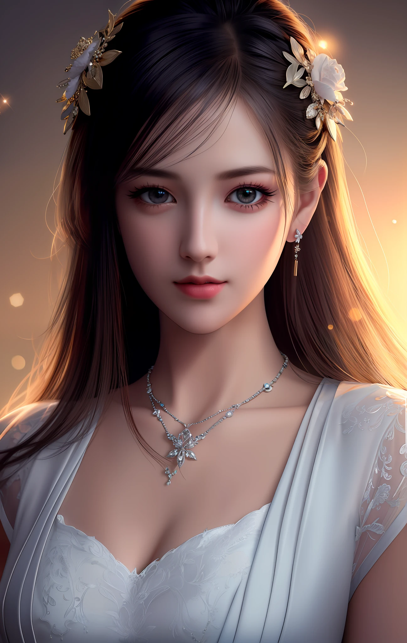 Top quality, masterpiece, high resolution, girl single, porcelain dress, hair accessories, necklace, jewelry, beautiful face, physical, tyndall effect, realistic, dark studio, rim lighting, duotone lighting, (high detail skin: 1.2), 8k uhd, DSLR, soft light, high quality, volumetric light, sneak shot, photo, high resolution, 4K, 8K, Bokeh