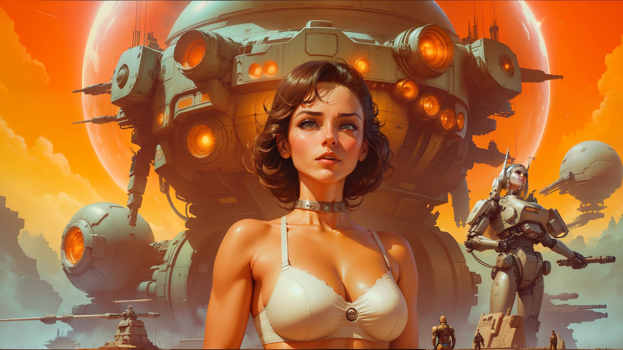 arafed image of a woman in a bra top standing in front of a giant robot, inspired by Don Maitz, beautiful retro art, cybernetic culture research unit, widescreen, charlie bowater and mark brooks, future city, seventies cinema --auto --s2