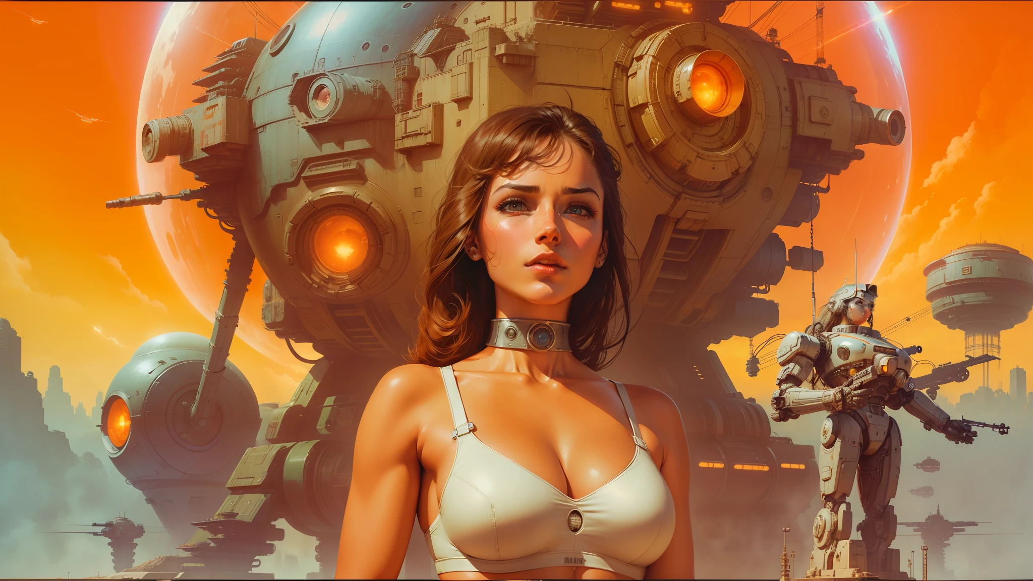 arafed image of a woman in a bra top standing in front of a giant robot, inspired by Don Maitz, beautiful retro art, cybernetic culture research unit, widescreen, charlie bowater and mark brooks, future city, seventies cinema --auto --s2