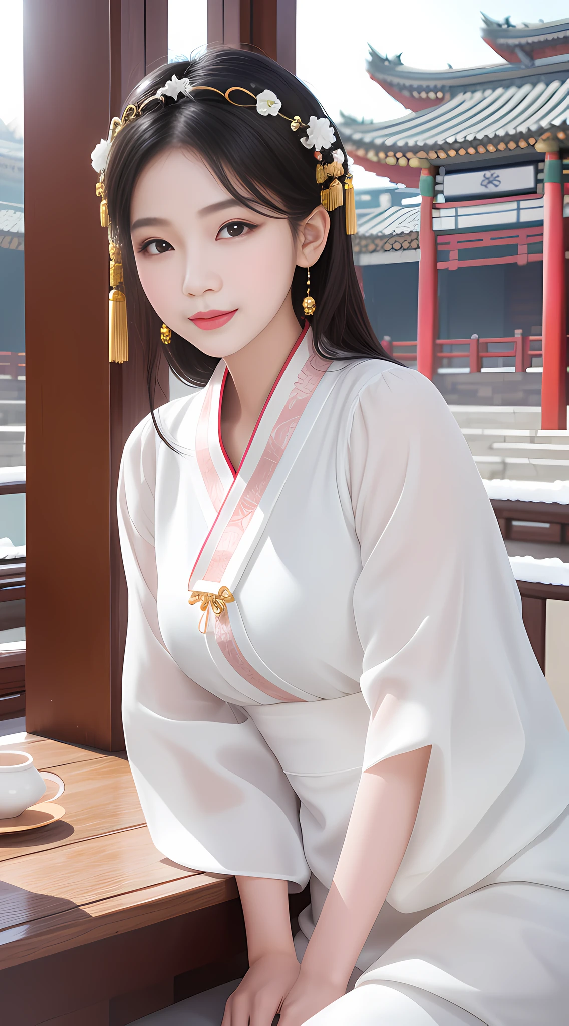 realistic, 1girl, makeup, chinese girl, delicate facial features, snow-white skin, big, lips parted, blush, (porcelain), light smile, East Asian architecture, sun, sunlight, reflection, hair accessories,